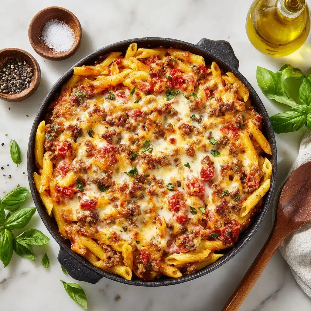 Cheesy Penne with Garlic Butter Ground Beef Recipe - Recipe Image
