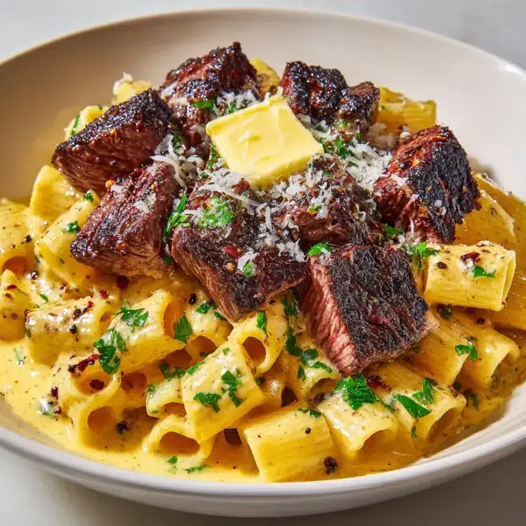 Garlic Butter Steak Tips with Cheesy Rigatoni Recipe