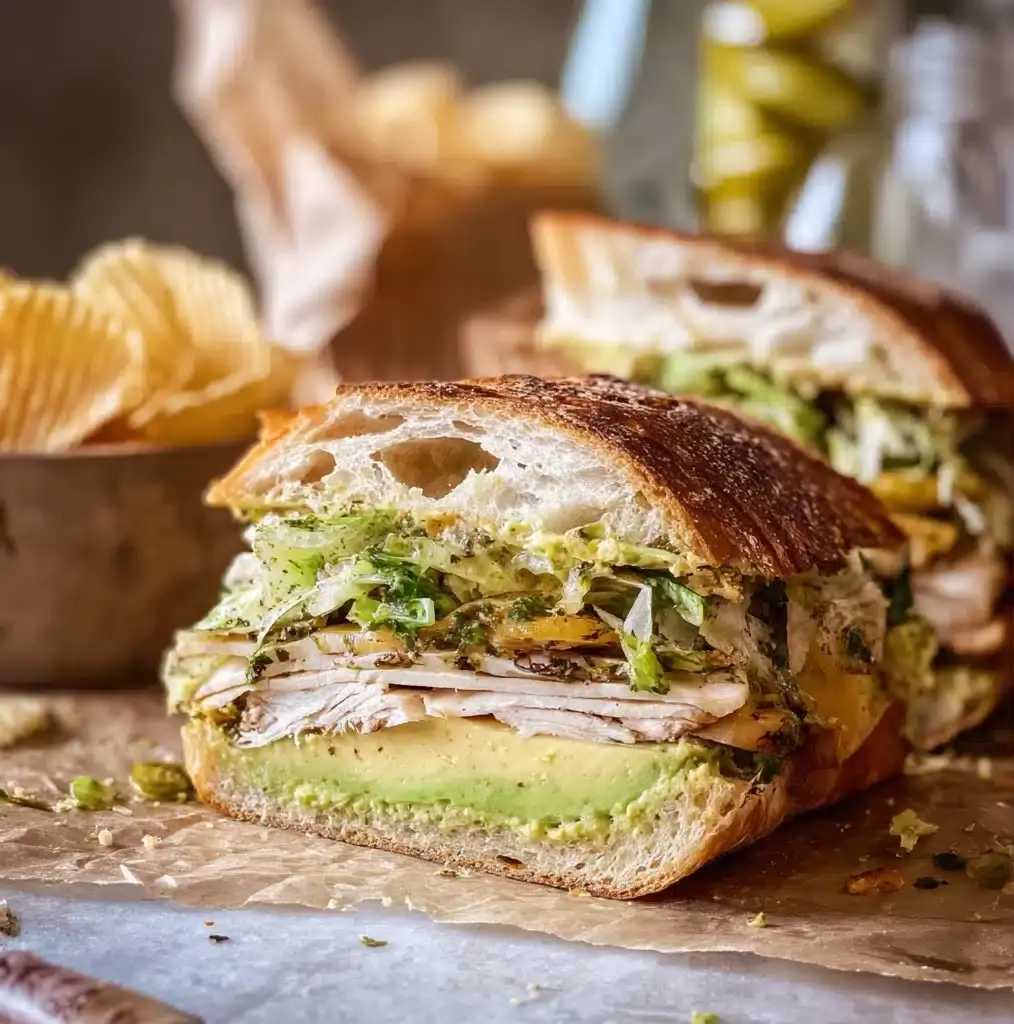 Picnic Style Pesto Turkey and Avocado Bacon Sandwich Recipe