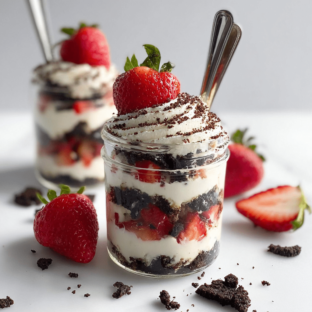 No Bake Strawberry Oreo Cheesecake Cups with Greek Yogurt Recipe - Recipe Image