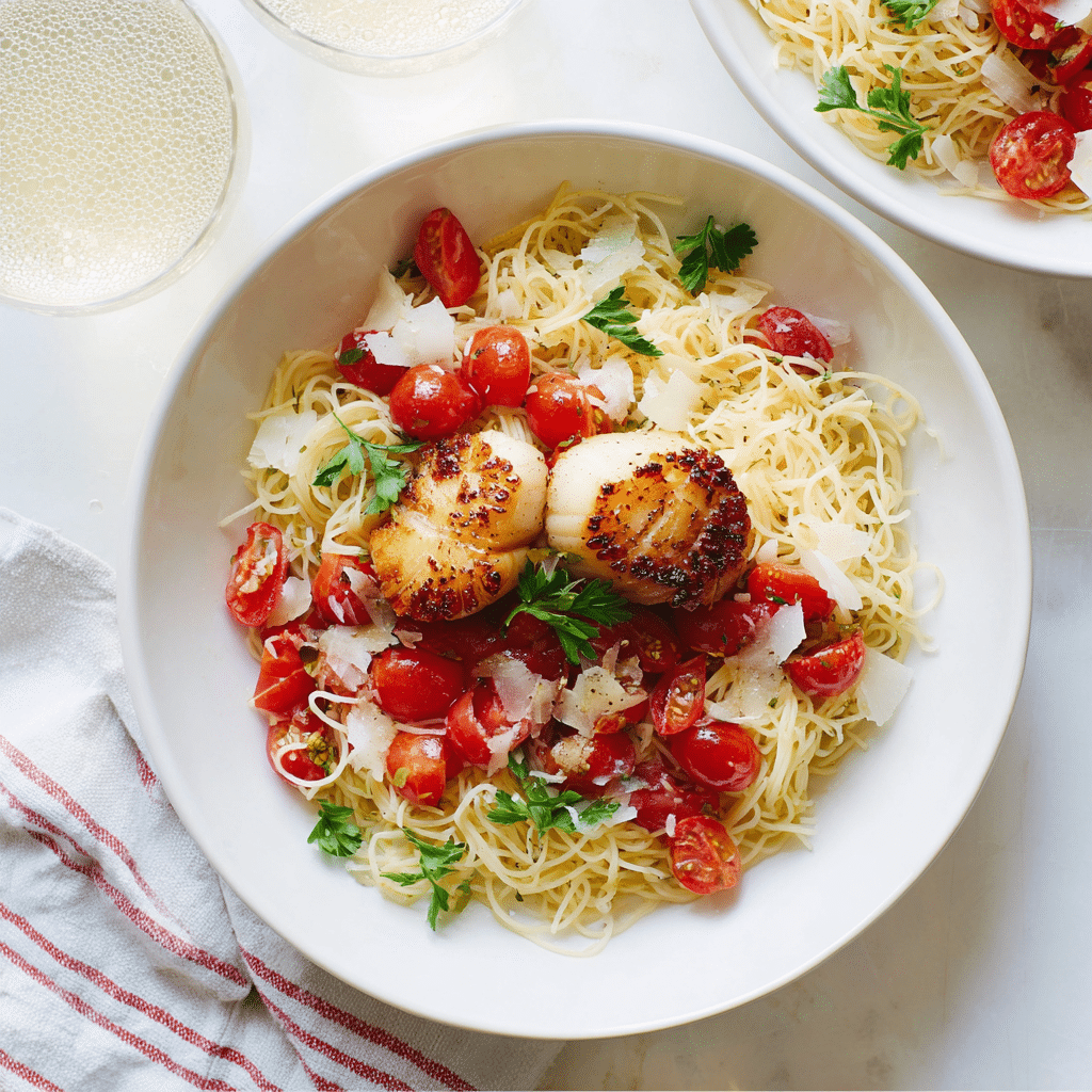 Angel Hair with Marinated Tomatoes and Seared Scallops Recipe - Recipe Image