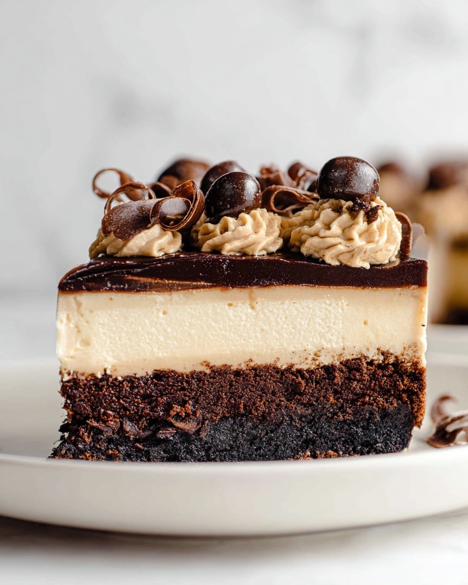 A three-layered slice of cake is shown on a white plate with a white marbled background. The bottom layer is dark brown and looks dense and moist like a chocolate brownie. The middle layer is creamy and light beige, smooth in texture like mousse or cheesecake. The top layer is a thin, glossy dark chocolate ganache. Around the edge of the cake, there are swirls of light brown whipped cream, each topped with a dark chocolate-covered coffee bean. Curled, shiny dark chocolate shavings are placed on top, adding texture and decoration. The photo taken with an iphone --ar 4:5 --v 7