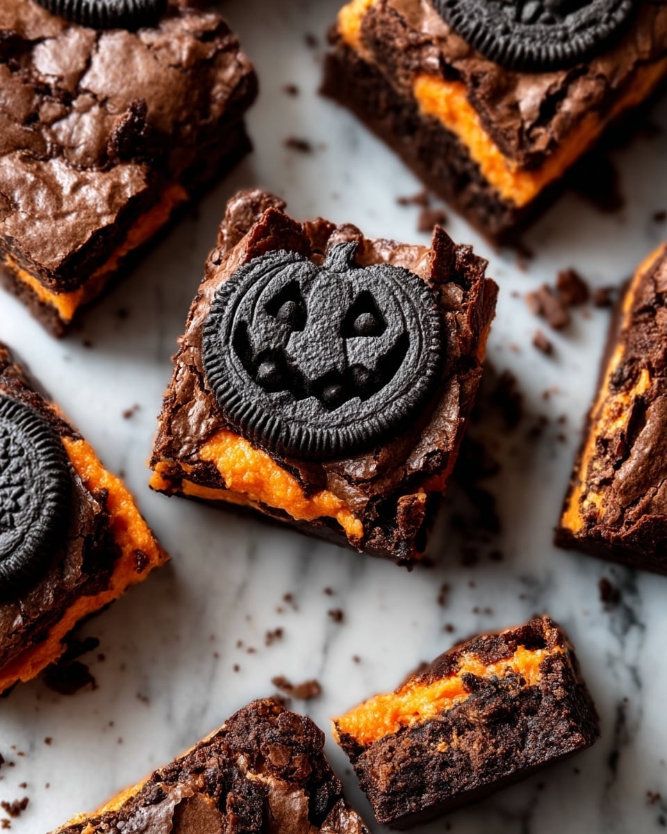 The image shows several square brownies with a textured chocolate layer as the base, topped with large black cookies featuring a carved pumpkin face design. The brownies have a cracked, chewy surface with bright orange filling or cream visible beneath some of the cookies. The cookies have a dark chocolate color with detailed pumpkin faces, and some pieces are broken showing the orange inside. The brownies are placed on a white marbled textured surface, with crumbs scattered around. Photo taken with an iphone --ar 4:5 --v 7