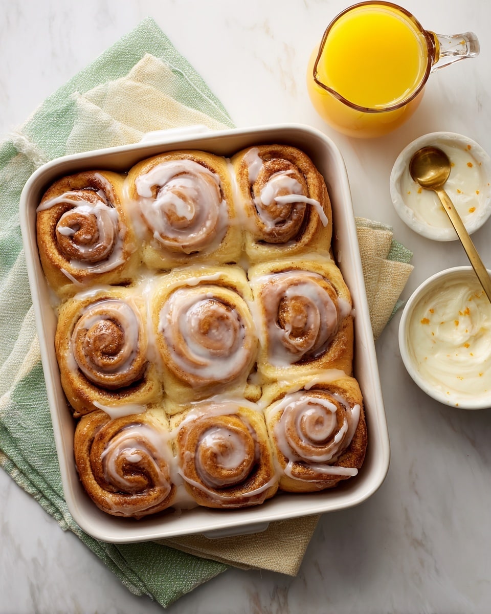 A white rectangular baking dish filled with eleven cinnamon rolls arranged in three rows, each roll showing golden brown spirals with glossy, melted white icing drizzled over them, creating a shiny glaze that highlights the soft, fluffy texture of the dough; the dish is placed on a light beige and green cloth on a white marbled surface. To the right, there's a clear glass measuring cup full of bright orange juice and a small white bowl containing thick white icing with small orange specks, a small golden spoon resting inside. Photo taken with an iphone --ar 4:5 --v 7