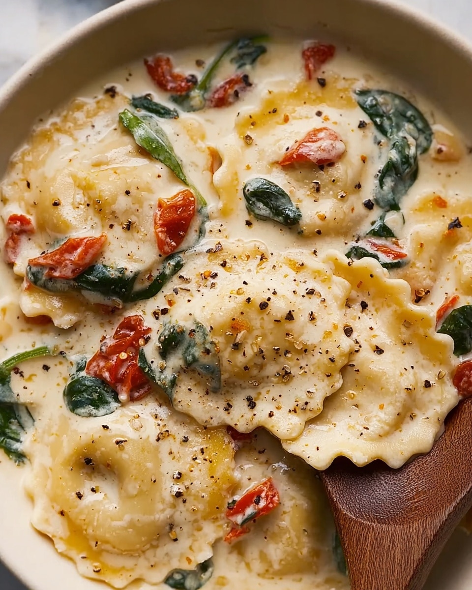 The image shows a close-up of round ravioli pasta with wavy edges, covered in a creamy white sauce with a smooth and rich texture. The sauce has small diced reddish tomatoes and dark green spinach leaves scattered throughout. Freshly ground black pepper is sprinkled on top, adding black specks across the dish. A wooden spoon is partially visible on the right side, resting in the sauce. The dish sits on a white marbled texture background. photo taken with an iphone --ar 4:5 --v 7