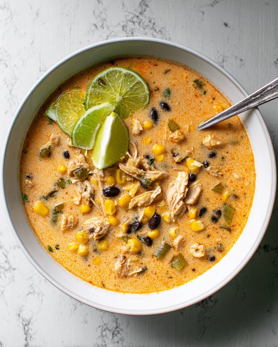 A white bowl filled with a creamy orange soup that has a rich texture, visible pieces of shredded chicken, black beans, and yellow corn kernels mixed throughout. There are small green vegetable chunks scattered inside the soup, giving a fresh look. Two lime wedges sit on top near the center of the bowl, adding a bright green contrast. A silver spoon rests inside the bowl, leaning against the edge. The bowl sits on a white marbled surface that shows subtle gray patterns. photo taken with an iphone --ar 4:5 --v 7