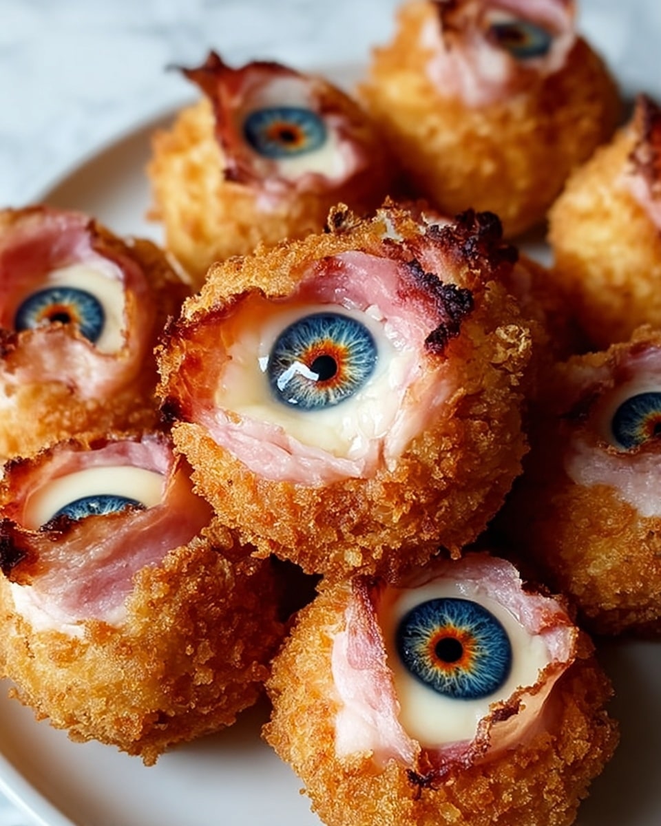 The image shows several round, crispy, golden-brown fried balls arranged closely on a white plate over a white marbled surface. Each ball has a central layer of melted white cheese surrounded by a thin, slightly charred ring of crispy pink ham, giving a ruffled texture around the cheese. In the middle of the cheese layer is a realistic, detailed blue and orange eye design, making it look like each ball has an eye in the center. The colors contrast sharply with the golden crust, pink ham, and white cheese, creating a striking and unusual visual effect. photo taken with an iphone --ar 4:5 --v 7