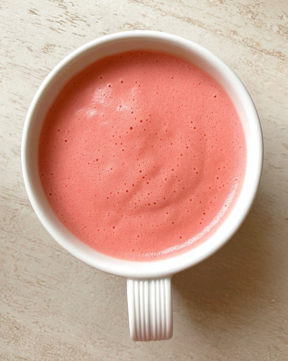 A close-up of a white cup filled with a smooth pink smoothie that has a creamy texture. The cup has a wavy rim and vertical ridges on its sides. The smoothie appears thick and evenly blended, with tiny specks of darker pink throughout. The cup is set on a wooden surface. photo taken with an iphone --ar 4:5 --v 7