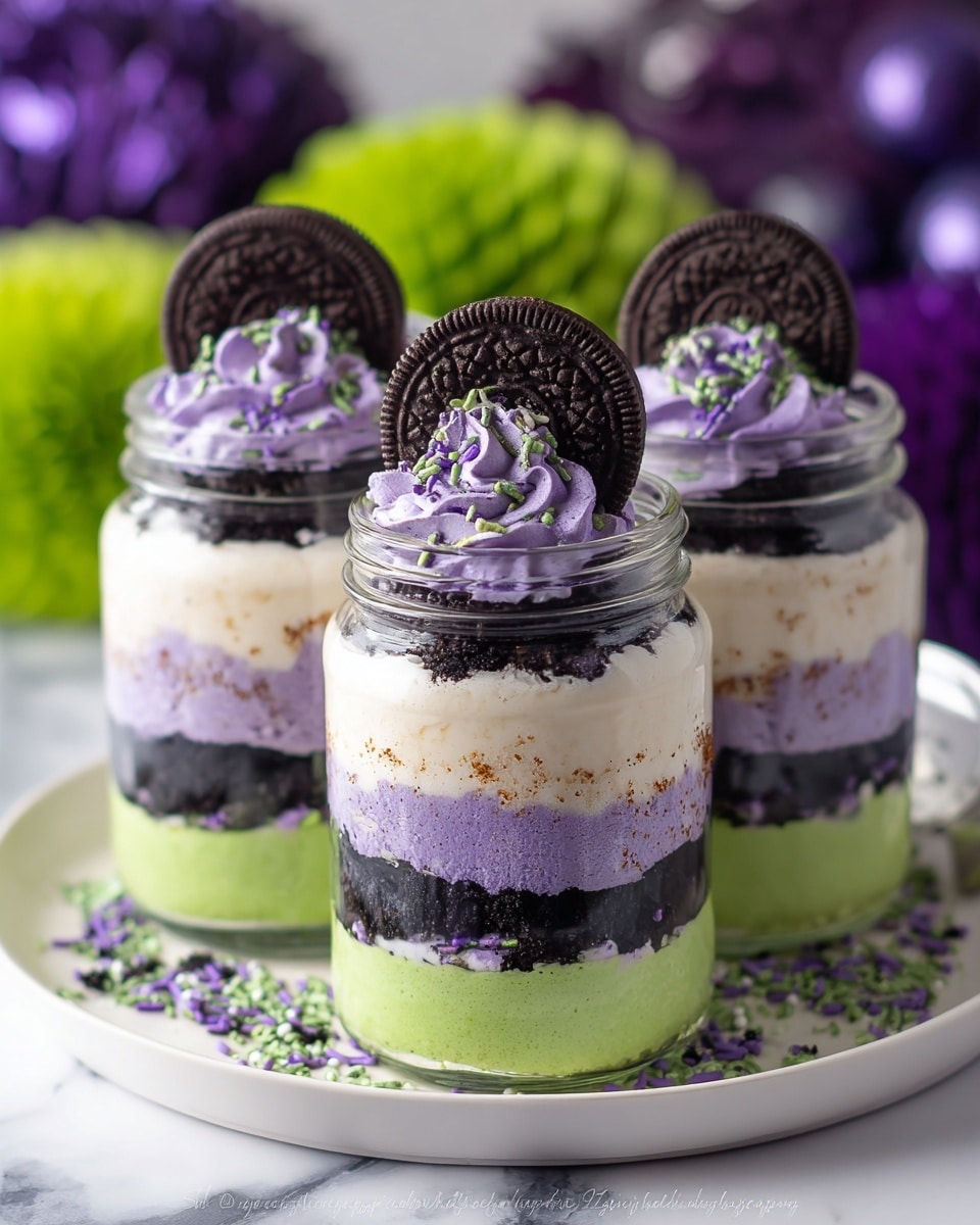 The image shows four glass jars filled with five visible layers. The bottom layer is bright green with a smooth texture. Above it is a rough-textured dark crumb layer, followed by a thick creamy white layer. Next there is a purple whipped layer with a fluffy texture, topped with another dark crumb layer. The jars are finished with a smooth white creamy layer, sprinkled with tiny purple and green sprinkles, and each jar is decorated with a whole Oreo cookie standing upright in the center. The jars are placed on a white plate on a white marbled surface with blurred purple and green decorative objects in the background. Photo taken with an iphone --ar 4:5 --v 7