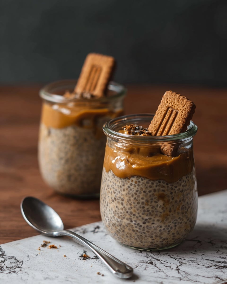 Two small clear glass jars filled with chia seed pudding sit on a wooden table with a white marbled texture in the background. Each jar has two layers: the bottom layer is a creamy beige chia pudding mixed with visible chia seeds, and the top layer is a smooth, rich caramel-colored spread. A rectangular brown biscuit with ridged edges is partially dipped vertically into the pudding in each jar. A silver spoon lies in front of the nearest jar, angled slightly to the left. Photo taken with an iphone --ar 4:5 --v 7