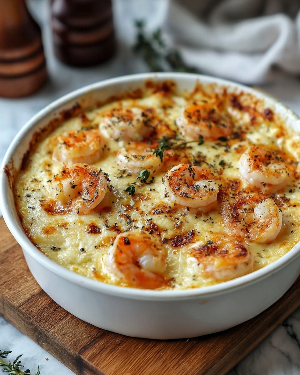 A round white ceramic dish filled with a creamy baked casserole, featuring a top layer of golden melted cheese that is slightly browned and bubbly around the edges. Scattered evenly across the surface are juicy, pink shrimp with a light sear, some curled and some slightly straightened, adding a pop of color. Small green herb leaves and finely chopped herbs are sprinkled on top, giving a fresh contrast to the warm yellow and orange tones of the cheese and shrimp. The dish rests on a wooden board placed on a white marbled surface, with a blurred background hinting at kitchen items. photo taken with an iphone --ar 4:5 --v 7