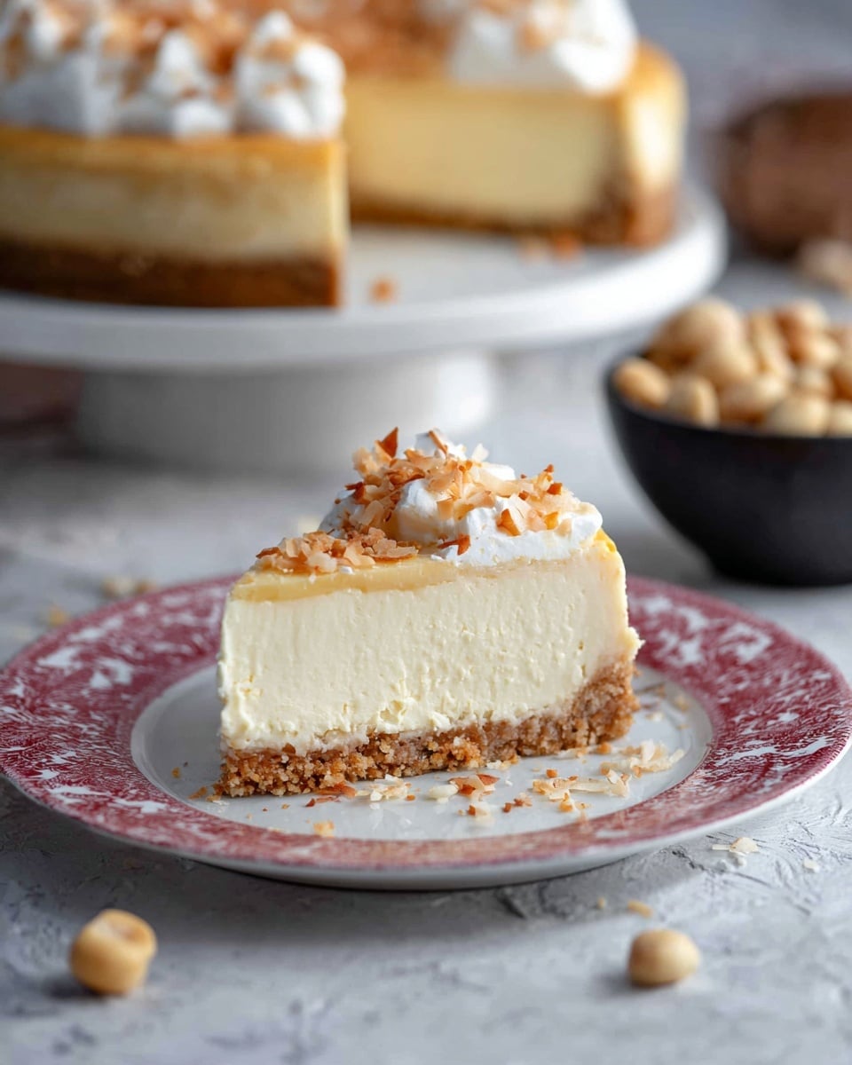 A slice of cheesecake is placed on a white plate with a red pattern, set on a white marbled surface. The cake has three distinct layers: a thick, crumbly light brown crust at the bottom; a creamy, smooth pale yellow cheese layer in the middle; and a fluffy white whipped cream topping sprinkled with toasted light brown coconut flakes. In the background, there is a white cake stand holding more cheesecake and a dark bowl filled with macadamia nuts, with some nuts and coconut pieces scattered on the surface nearby. photo taken with an iphone --ar 4:5 --v 7