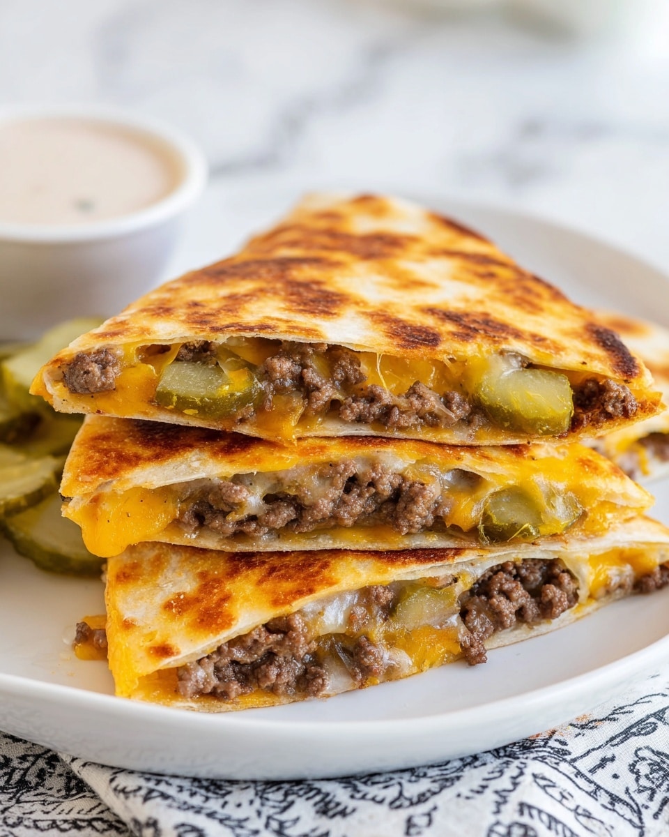 A stack of three triangular quesadilla slices on a white plate, each slice showing two main layers: a crispy, golden-brown tortilla on the top and bottom, with a filling of melted orange cheddar cheese mixed with light brown cooked ground beef and pieces of green pickles in between. The quesadilla edges are slightly browned and uneven, and the stacked quesadillas reveal the gooey cheese and meat filling inside. The plate rests on a white marbled surface with a patterned cloth underneath, and there is a blurred small white bowl containing light-colored dipping sauce in the background. photo taken with an iphone --ar 4:5 --v 7