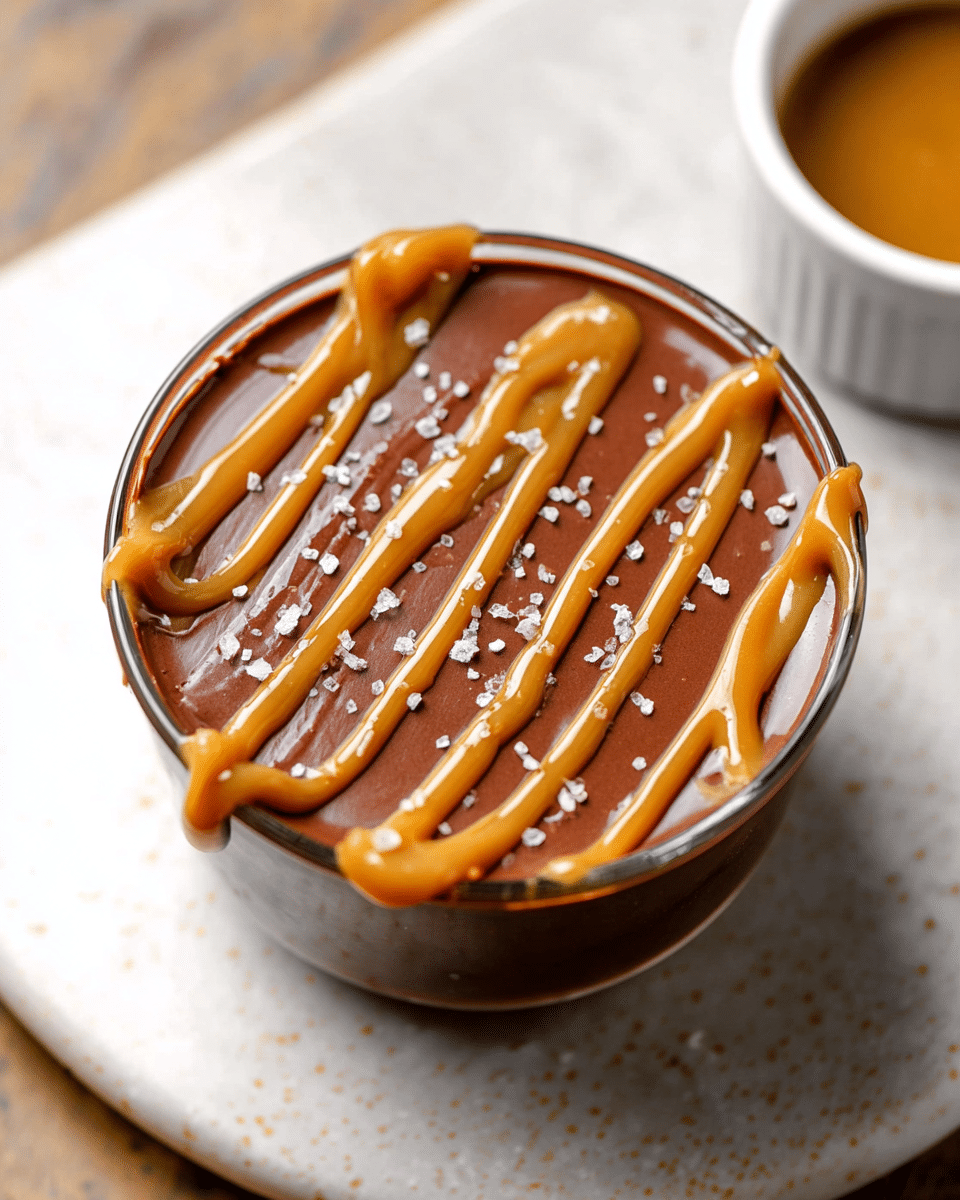 A close-up top view of a glass cup filled with a smooth, shiny dark brown chocolate layer as the base, topped with a thick light brown caramel drizzle zigzagged across the surface, sprinkled with small coarse salt crystals. The cup sits on a white marbled textured surface. In the blurred background, there is a white bowl with more caramel sauce inside. Photo taken with an iphone --ar 4:5 --v 7