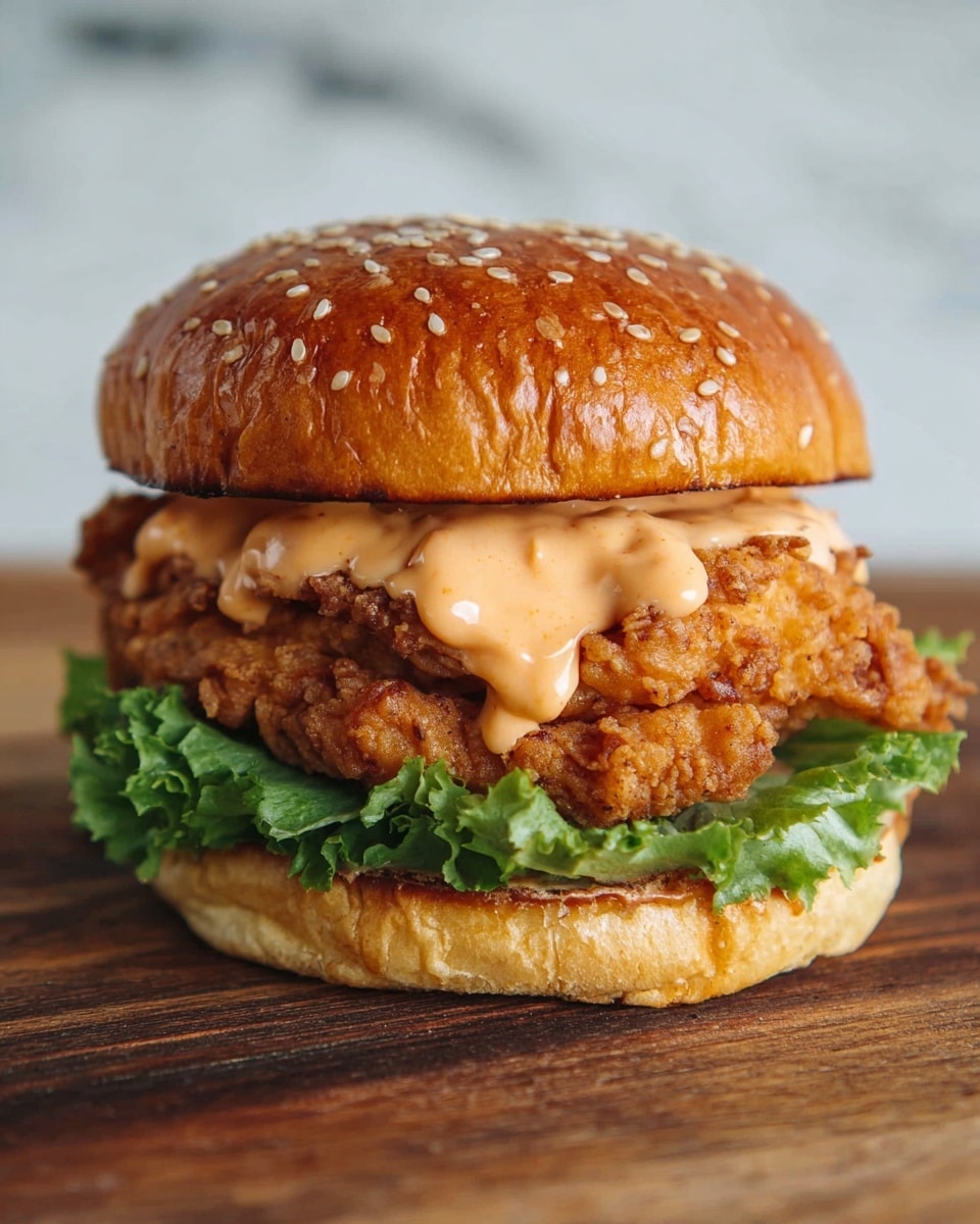 A close-up view of a fried chicken sandwich on a wooden surface with a white marbled texture background. The sandwich consists of four layers: a shiny, golden-brown sesame seed top bun with visible seeds; below it, a thick layer of light orange creamy sauce dripping slightly; next is a large, crispy, golden-brown fried chicken patty with a rough texture; under the chicken, a fresh, bright green leaf of lettuce with natural wrinkles; and finally, a soft, golden-brown bottom bun holding everything together. photo taken with an iphone --ar 4:5 --v 7