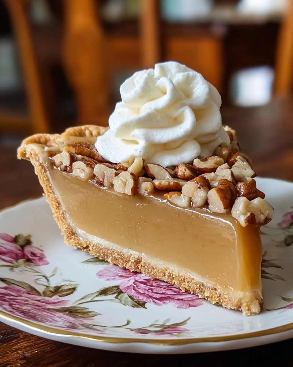 A slice of pie with three layers is shown on a white plate decorated with pink and gold floral patterns. The bottom layer is a thin, crumbly golden-brown crust. Above it is a thick, smooth, light brown filling that is shiny and firm. The top layer consists of chopped pecans scattered, and a generous swirl of white whipped cream sits on the center, adding height and texture. The background features a blurred wooden table and chairs. photo taken with an iphone --ar 4:5 --v 7