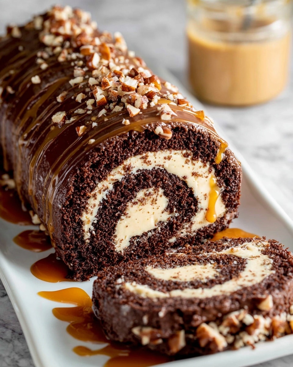 A chocolate roll cake is sliced and laid on a long white plate on a white marbled surface. The roll has three main visible layers: a dark, rich chocolate cake outer layer with a slightly rough texture, a creamy light beige filling spiraled inside, and a smooth chocolate ganache covering the entire roll. The top layer is topped with small chopped nuts and drizzles of caramel sauce that also pools slightly around the base of the cake. In the background, there is a glass jar with a beige creamy sauce blurred out. photo taken with an iphone --ar 4:5 --v 7