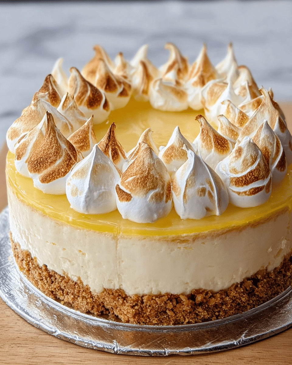 A slice of pie with five layers sits on a white plate with a gold rim, placed on a white marbled surface. The bottom layer is a brown crumbly crust, followed by a thick pale yellow cheesecake layer. Above that is a thin, darker yellow jelly or jam layer. On top of this is a fluffy white cream layer, then finished with several peaks of golden brown toasted meringue. The textures range from crumbly to smooth and fluffy, with the toasted meringue adding a crisp finish. Photo taken with an iphone --ar 4:5 --v 7