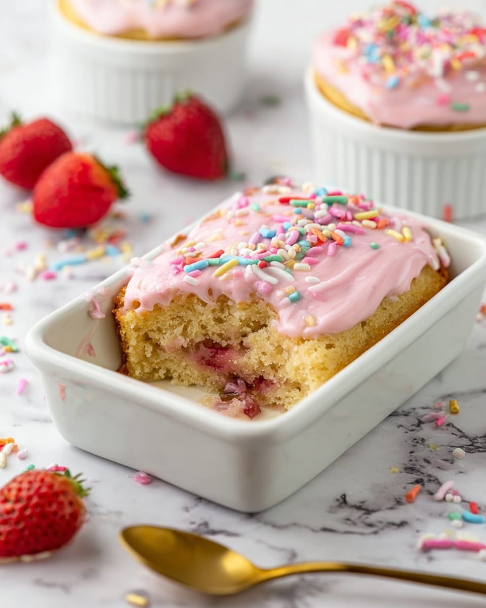 A white rectangular dish contains a baked cake with two visible layers: the bottom layer is a soft, golden sponge with bits of red fruit inside, and above it is a smooth layer of pink icing decorated with small, colorful sprinkles in shapes like rods and dots. A large bite is taken out revealing the cake’s texture and fruit filling. Around the dish, there are scattered sprinkles, a golden spoon, and fresh strawberries set on a white marbled surface. In the background, there is a white round ramekin with the same cake topped with pink icing and sprinkles. photo taken with an iphone --ar 4:5 --v 7