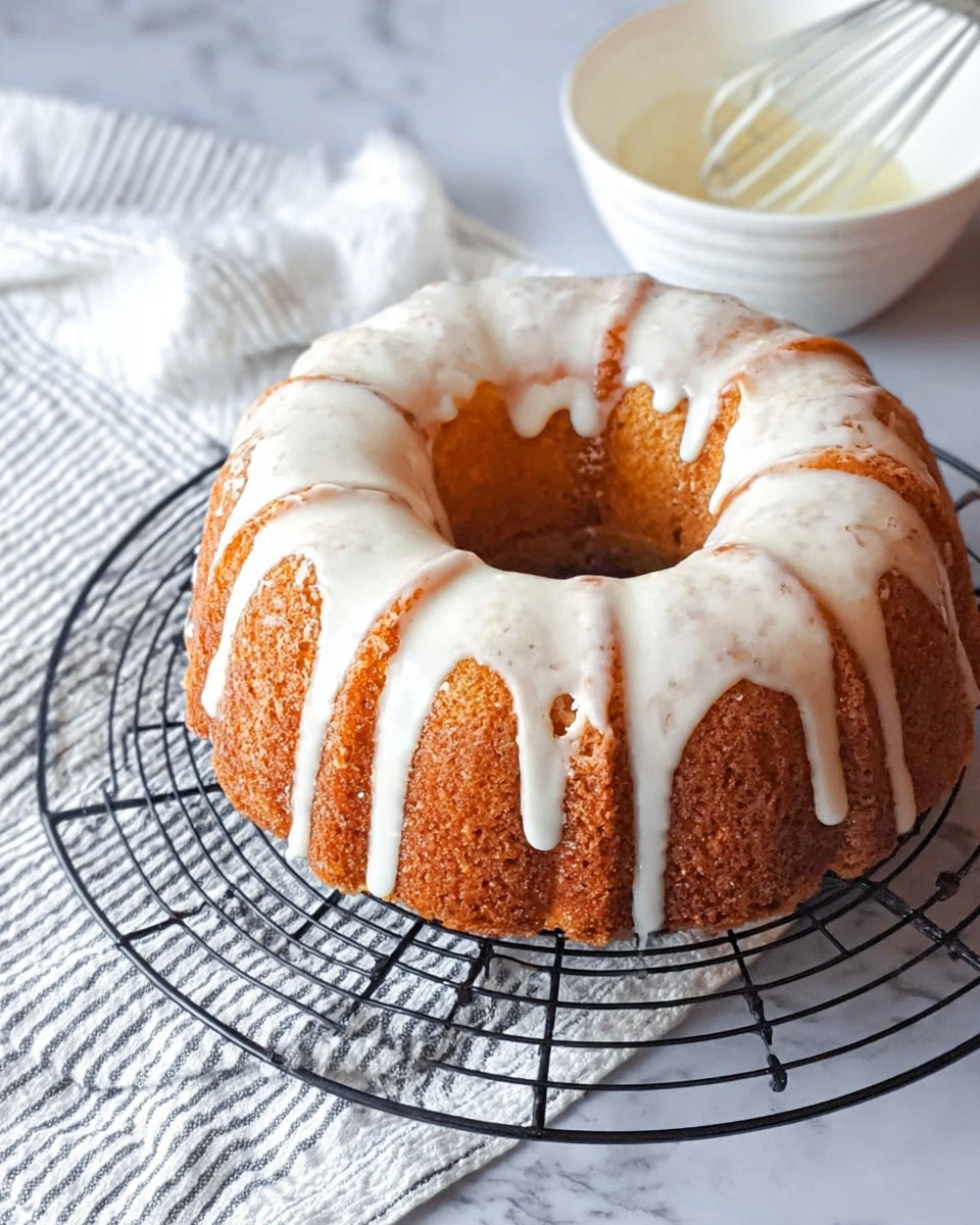 A round bundt cake with a golden brown textured crust sits on a black cooling rack over a white marbled textured surface covered partly by a white cloth with black stripes. The cake is topped with smooth white icing that drips unevenly down the sides in thick, glossy streams. To the upper right, there is a white bowl containing some leftover white icing with a whisk inside. The overall scene is bright with natural light highlighting the cake’s warm color and the fresh icing’s shine. photo taken with an iphone --ar 4:5 --v 7
