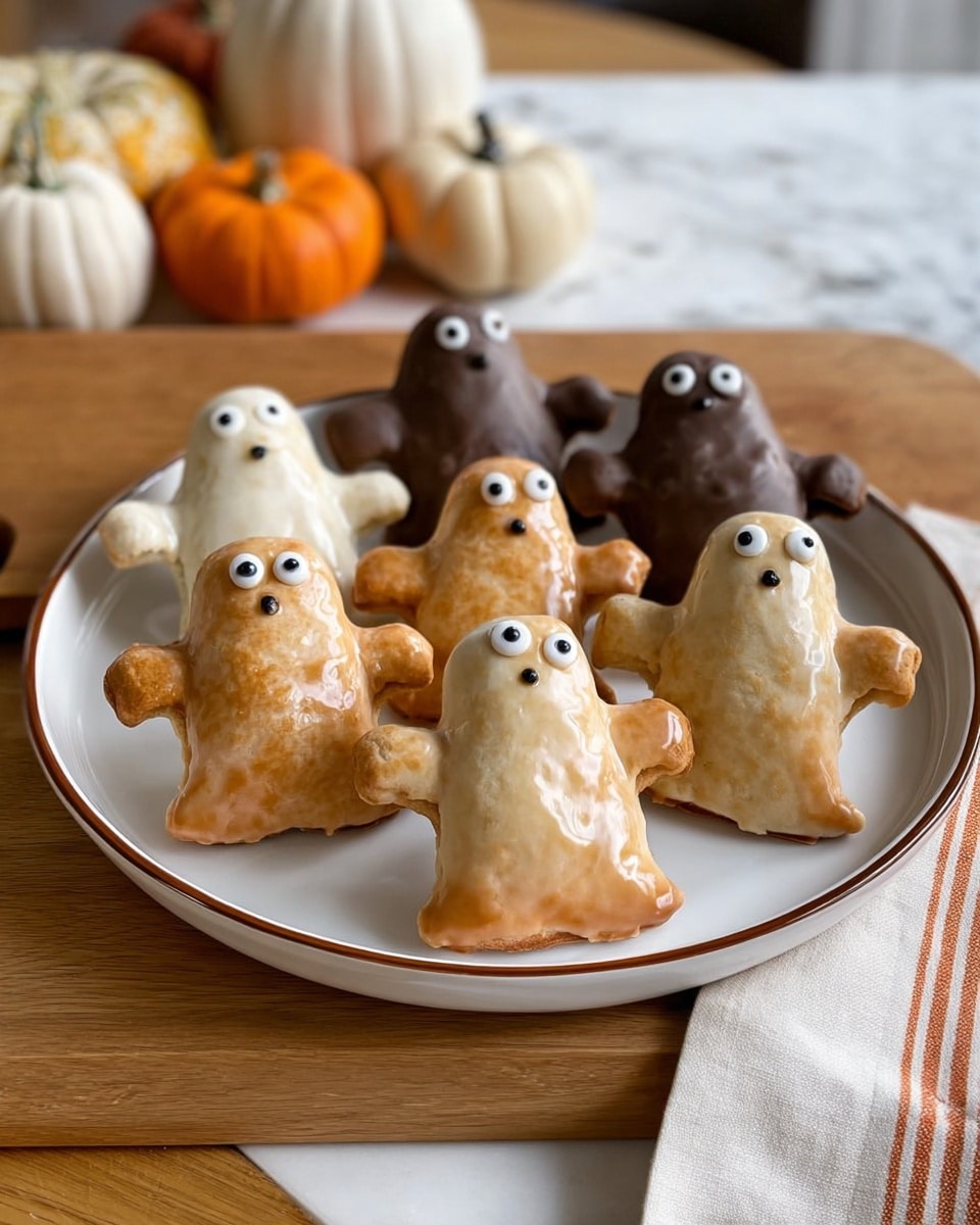 A white decorative plate with a brown rim holds nine ghost-shaped pastries arranged in two rows. The front row consists of five light brown pastries with a shiny glaze, each featuring two small round white and black eyes. The pastries have raised arms and a rounded bottom, resembling little ghosts. Behind them, four darker brown pastries have a matte finish and a similar ghost shape but without eyes. The plate sits on a wooden table with a white marbled surface in the background. Small pumpkins and a striped cloth are visible in the blurred background. Photo taken with an iphone --ar 4:5 --v 7