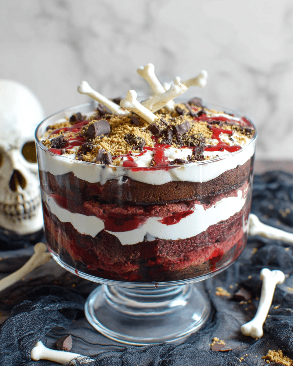 A clear glass bowl shows a layered dessert with six visible layers starting from the bottom: a dark red cake layer, a thick dark chocolate layer, a white cream layer, a second dark red cake layer, another thick dark chocolate layer, and a top white cream layer. The dessert is decorated with small white bones sticking out from the top, crushed golden cookie crumbs, drizzles of red sauce, and chocolate pieces. The bowl is placed on a gray fabric with a white marbled texture as the background, and a light skull decoration is beside the bowl. photo taken with an iphone --ar 4:5 --v 7