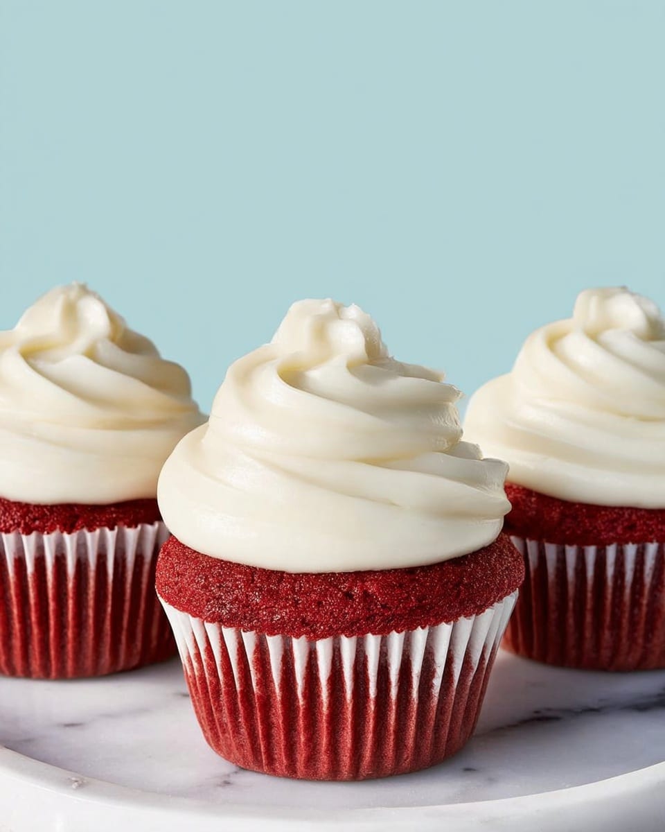 Three red velvet cupcakes are lined up on a white plate with a white marbled surface below. Each cupcake has a deep red base with visible pleats in the paper wrapper. On top, the frosting is thick, creamy, and white, swirled in three smooth layers forming a small peak at the center of each cupcake. The background is a clear light blue, making the colors of the cupcakes stand out vividly. photo taken with an iphone --ar 4:5 --v 7
