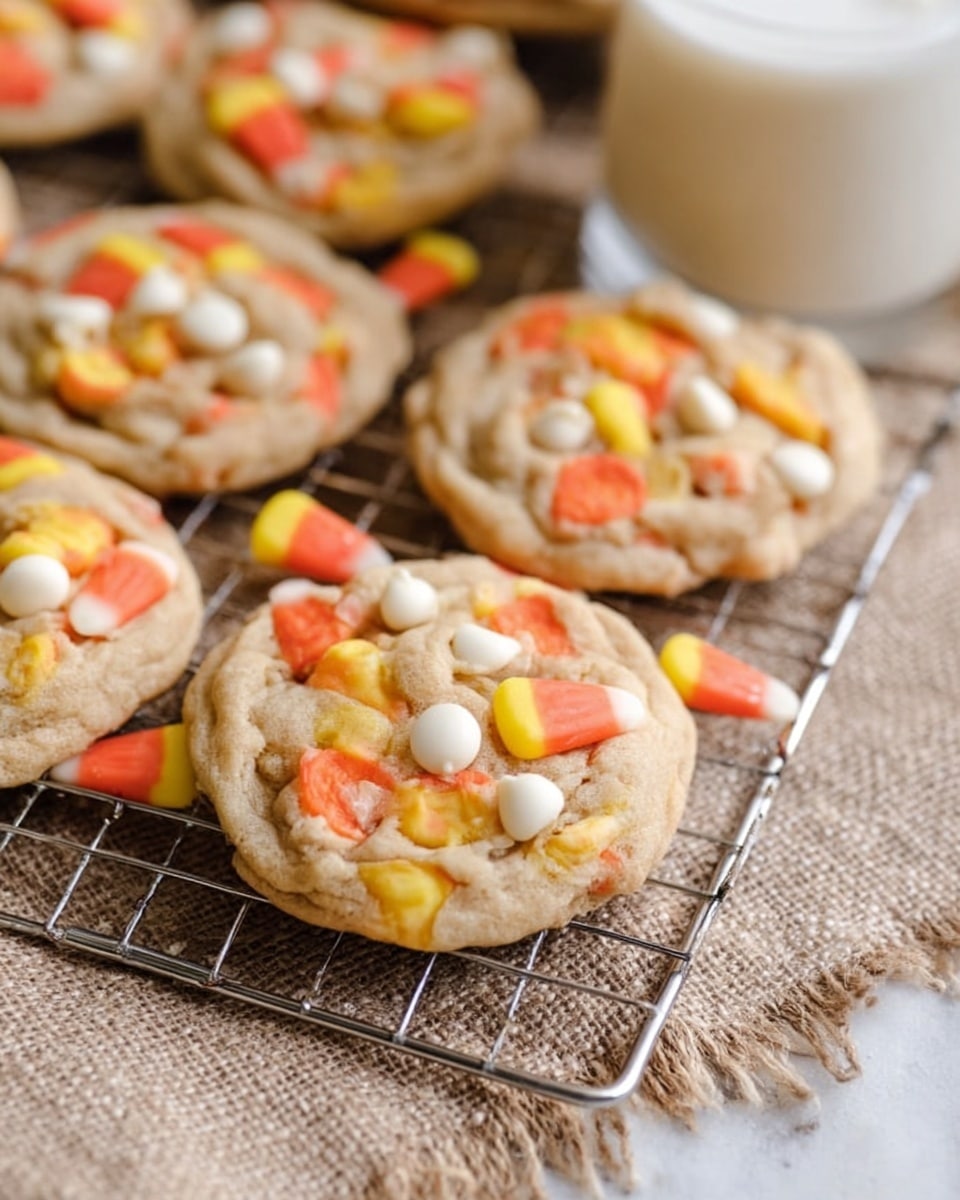 The image shows soft, chewy cookies laid out on a metal cooling rack. Each cookie has a light golden-brown base with a slightly crinkled surface, topped generously with colorful candy corn pieces in bright orange, yellow, and white hues, as well as small white chocolate chips scattered across the top. The cookies appear thick and moist, with the candy corn and chips slightly melted into the dough. The rack sits on a natural textured cloth, with a hint of a white marbled surface underneath. A glass of milk or a light creamy drink is visible blurred in the background on the right side. photo taken with an iphone --ar 4:5 --v 7