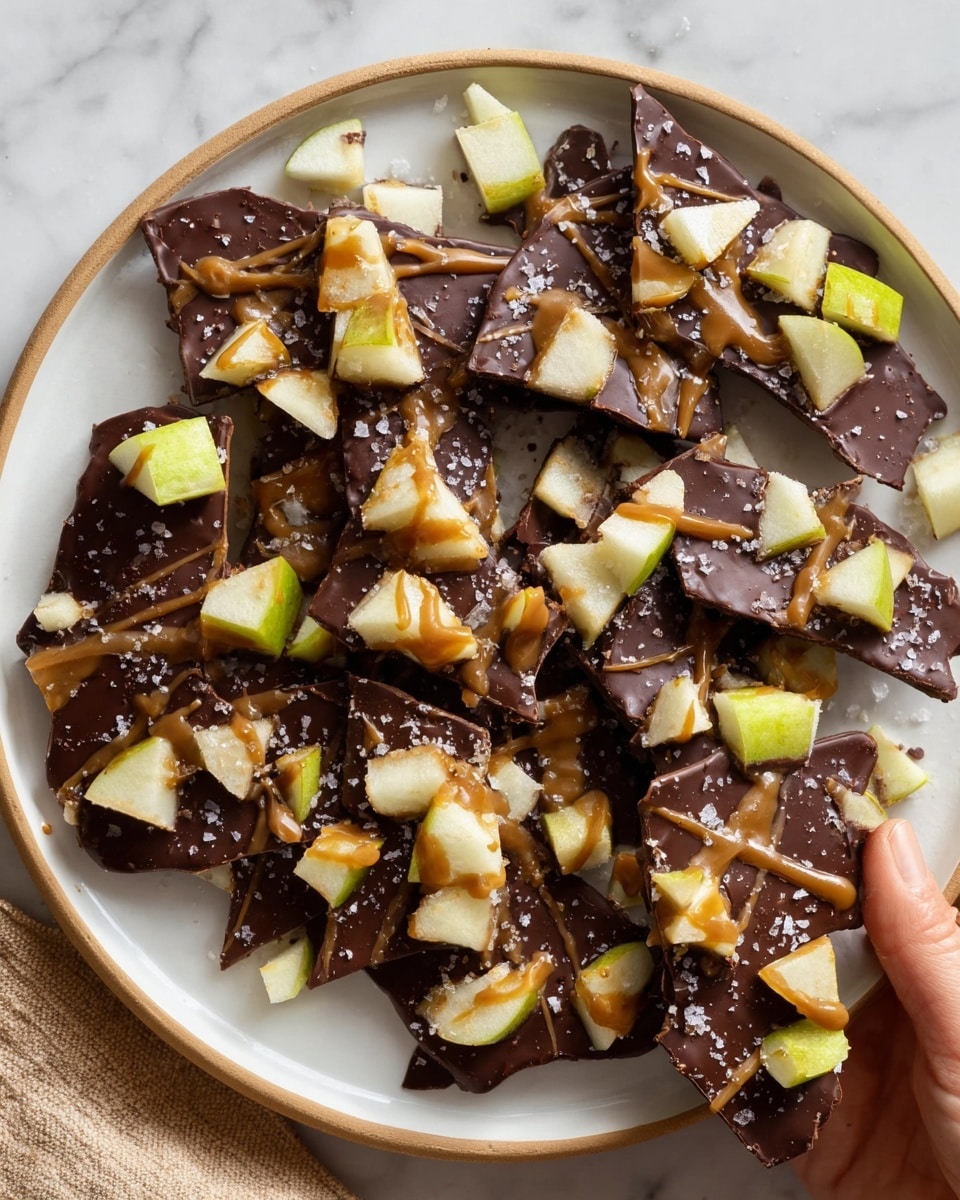 The image shows a white plate filled with pieces of dark brown chocolate bark, broken into irregular shapes. On top of the chocolate are small, uneven chunks of pale green apple scattered across the surface. A light brown, slightly thick sauce is drizzled over the chocolate and apple pieces in a random pattern. Tiny white flakes of sea salt are sprinkled all over, adding a touch of texture and contrast. The plate sits on a white marbled surface, and a woman's hand is seen gently holding one piece on the right edge. Photo taken with an iphone --ar 4:5 --v 7