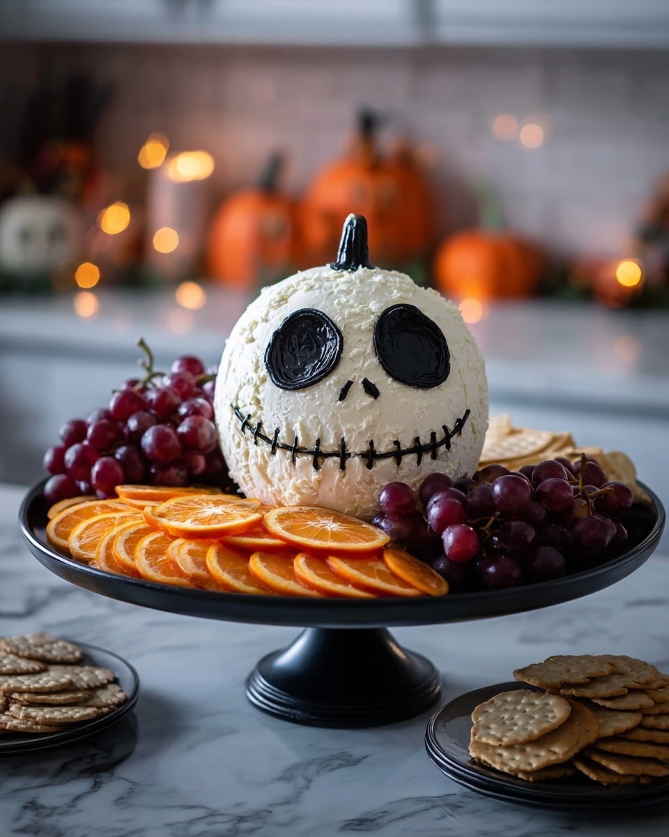 A round white cheese ball shaped and decorated like a skull with large hollow black eyes, two small black nostrils, and a black stitched mouth sits in the center on a tall black pedestal plate. Around the cheese ball layer one has neatly arranged circular orange slices, layer two has small clusters of dark purple grapes, and layer three has pale round crackers, all placed closely around the skull ball on the plate. The plate is on a white marbled kitchen counter with small orange pumpkin decorations and soft warm candles blurred in the background. photo taken with an iphone --ar 4:5 --v 7