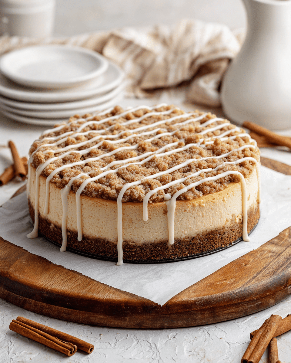 A round cheesecake with three visible layers sits centered on a square piece of white parchment paper atop a wooden board. The bottom layer is a dark brown crumbly crust wrapped around the sides. The middle layer is thick, smooth, and creamy beige cheese filling with a firm texture. The top layer is a chunky, light brown crumbly streusel, covering the entire surface. White icing is drizzled in parallel diagonal lines over the streusel, some of it dripping slightly over the sides. The background shows a white marbled texture with a rustic knife, stacked white plates, cinnamon sticks, and a white pitcher blurred in the distance. photo taken with an iphone --ar 4:5 --v 7