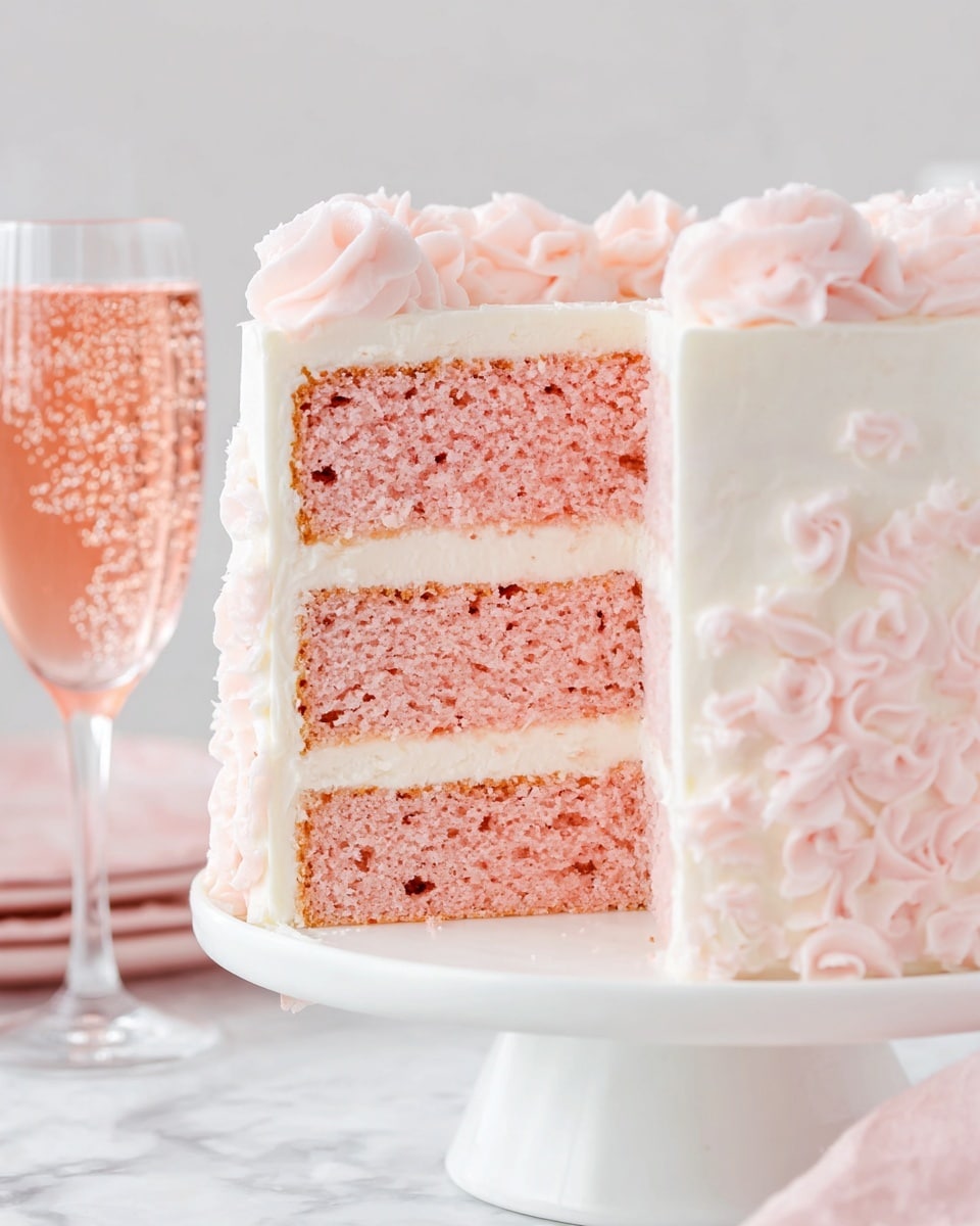 The image shows a tall three-layer cake with soft pink sponge separated by smooth white cream layers, all covered in a thick white frosting. The top of the cake features delicate swirls of light pink frosting, adding decoration and texture. The cake sits on a white cake stand, placed on a white marbled surface. In the background, there is a clear glass filled with a sparkling pink drink containing small bubbles. The overall look is clean, soft, and elegant with a pastel color scheme. photo taken with an iphone --ar 4:5 --v 7