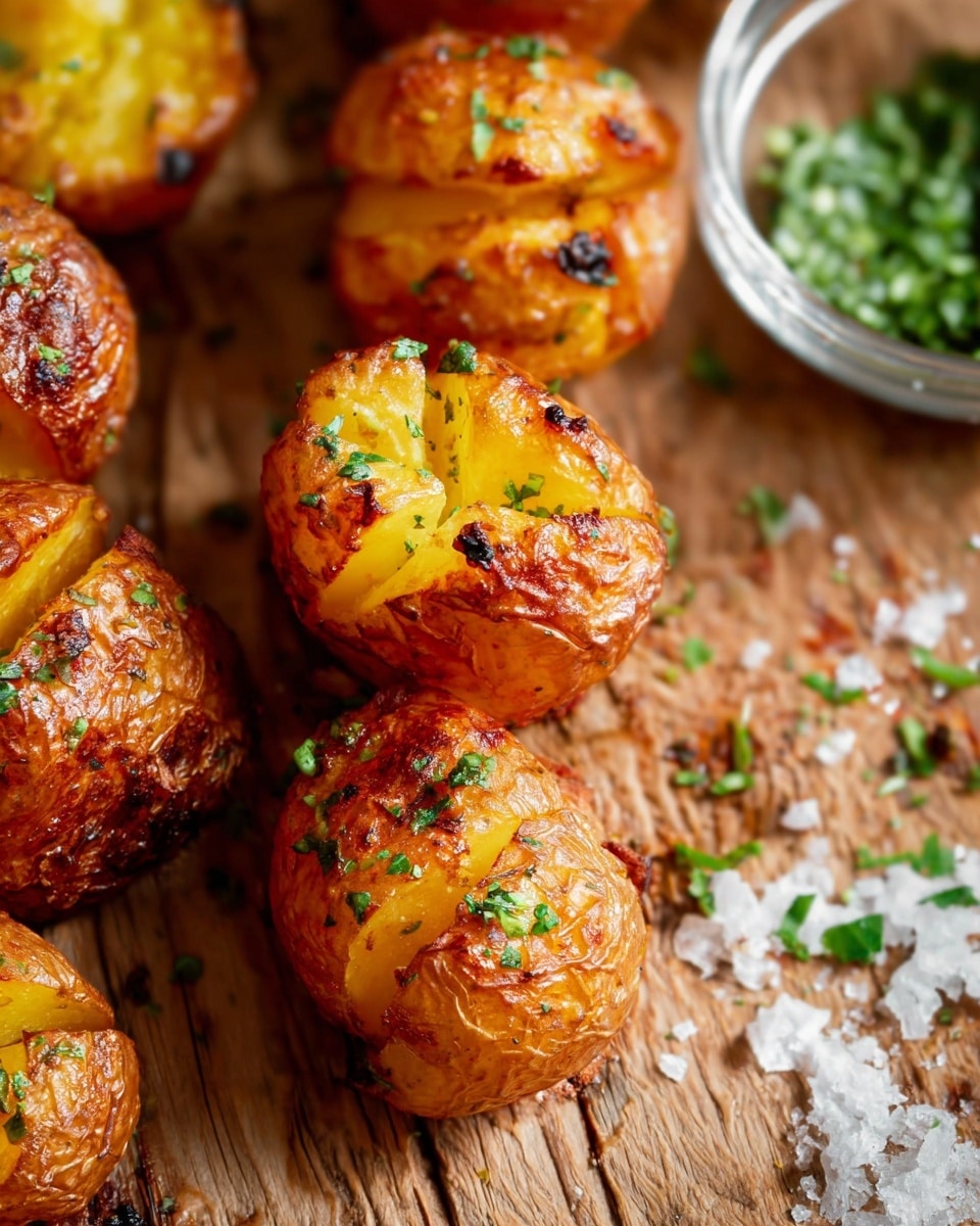 The image shows several small, golden-brown roasted potatoes with crispy skin and soft, bright yellow inside. Each potato has a few cross-shaped cuts on the top, giving a textured and rustic look. The potatoes are sprinkled with green herbs and small black charred spots, adding color and texture. They are placed closely together on a wooden surface with some coarse salt and chopped green herbs scattered around. On the right side, there is a clear glass bowl with finely chopped green herbs. The photo captures the warm, crispy, and fresh feel of the dish. photo taken with an iphone --ar 4:5 --v 7