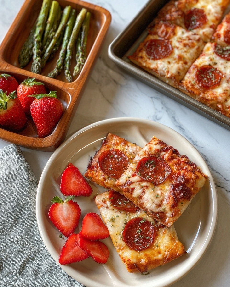 The image shows a white divided plate with two slices of pepperoni pizza stacked on the left side, each slice topped with melted cheese, round pepperoni pieces, and sprinkled herbs. On the top right section, there are roasted green asparagus spears, and in the round bottom left section, there are sliced strawberries with visible red flesh and green leaves. Behind this plate, a wooden divided tray contains two smaller pizza slices and a few asparagus pieces with strawberry slices. To the right, a metal baking tray holds more pizza slices. The background features a white marbled texture. Photo taken with an iphone --ar 4:5 --v 7