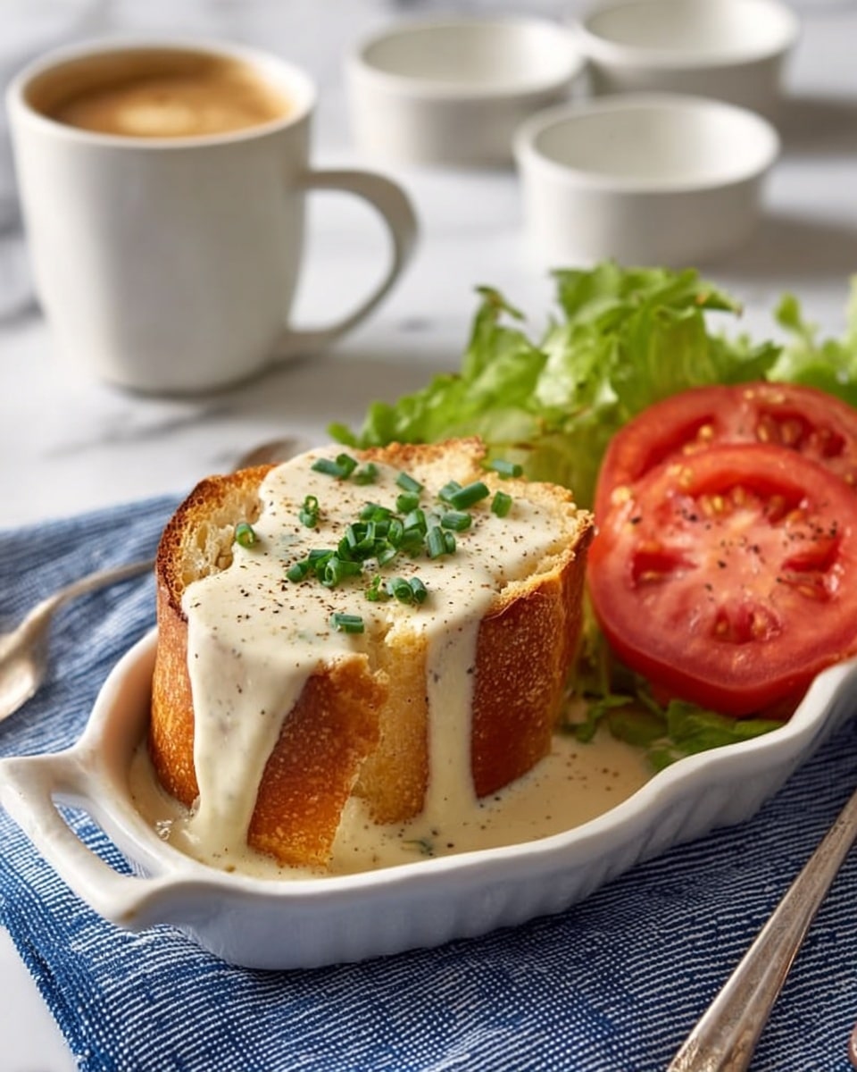 A white scalloped oval dish holds a thick, tall piece of toasted baguette bread with a golden crust, partially covered by creamy white sauce that drips down the sides, sprinkled with small green chive pieces and black pepper. To the right of the bread, there are three fresh, bright red tomato slices resting on green leafy lettuce. The dish sits on a white marbled surface with a blue and white cloth underneath. In the background, a white cup with light brown frothy coffee, a spoon, and two small white bowls are slightly out of focus. Photo taken with an iphone --ar 4:5 --v 7