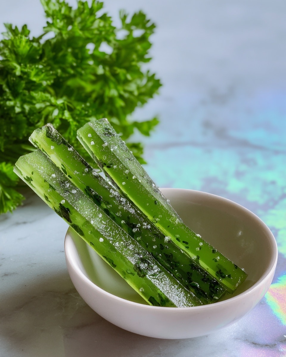 Four long green sticks with visible small dark and light green bits inside are placed in a white bowl, leaning against its side. The green sticks appear shiny and translucent, with some sparkling salt crystals scattered on their surface. The bowl sits on a white marbled surface with a colorful, blurry reflective effect around it. In the background, a bunch of fresh green parsley adds a natural touch to the scene. Photo taken with an iphone --ar 4:5 --v 7