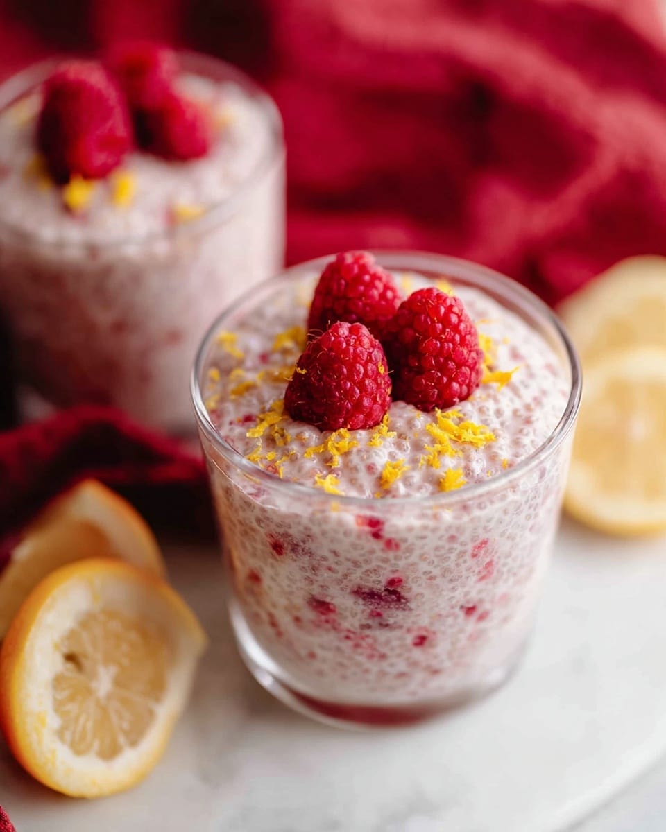 Two clear glass cups are filled with a creamy, light pink chia seed pudding mixed with small pieces of red fruit throughout. The texture looks soft and slightly thick. On top of each cup, there are three fresh red raspberries with a small amount of bright yellow zest sprinkled around them. The cups sit on a white marbled surface, with parts of a red cloth and sliced lemons blurred in the background, giving a fresh and cozy feel. Photo taken with an iphone --ar 4:5 --v 7