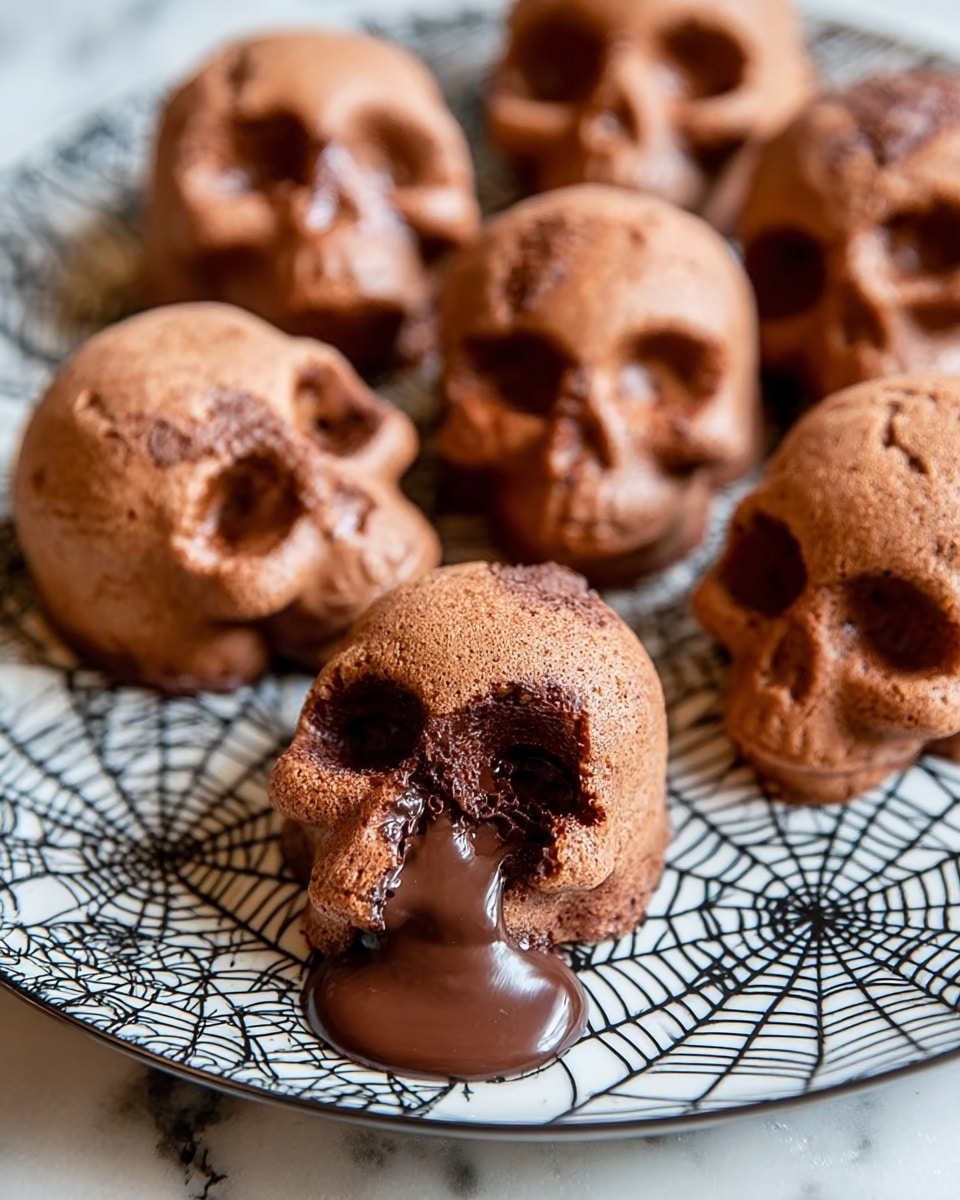 The image shows several small skull-shaped cakes on a white plate with a black web pattern. The cakes are light brown with a spongy texture and detailed skull features, including eye sockets, nose, and teeth. One cake in the front is cracked open, revealing gooey, melted chocolate inside that oozes out onto the plate. The plate sits on a white marbled surface. photo taken with an iphone --ar 4:5 --v 7