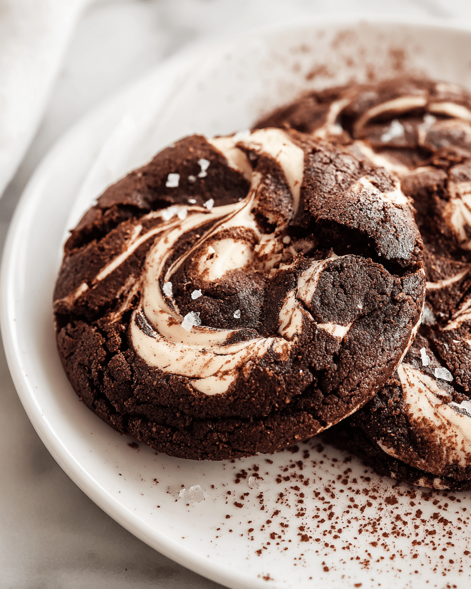 A close-up view of two dark chocolate cookies with creamy white and light brown swirls on top, creating a marbled pattern. The cookies have a cracked texture, showing their soft inside, and small bits of flaky sea salt scattered on the surface adding a shiny touch. The cookies rest on a white plate with a few cocoa powder sprinkles around them, all placed on a white marbled surface. photo taken with an iphone --ar 4:5 --v 7