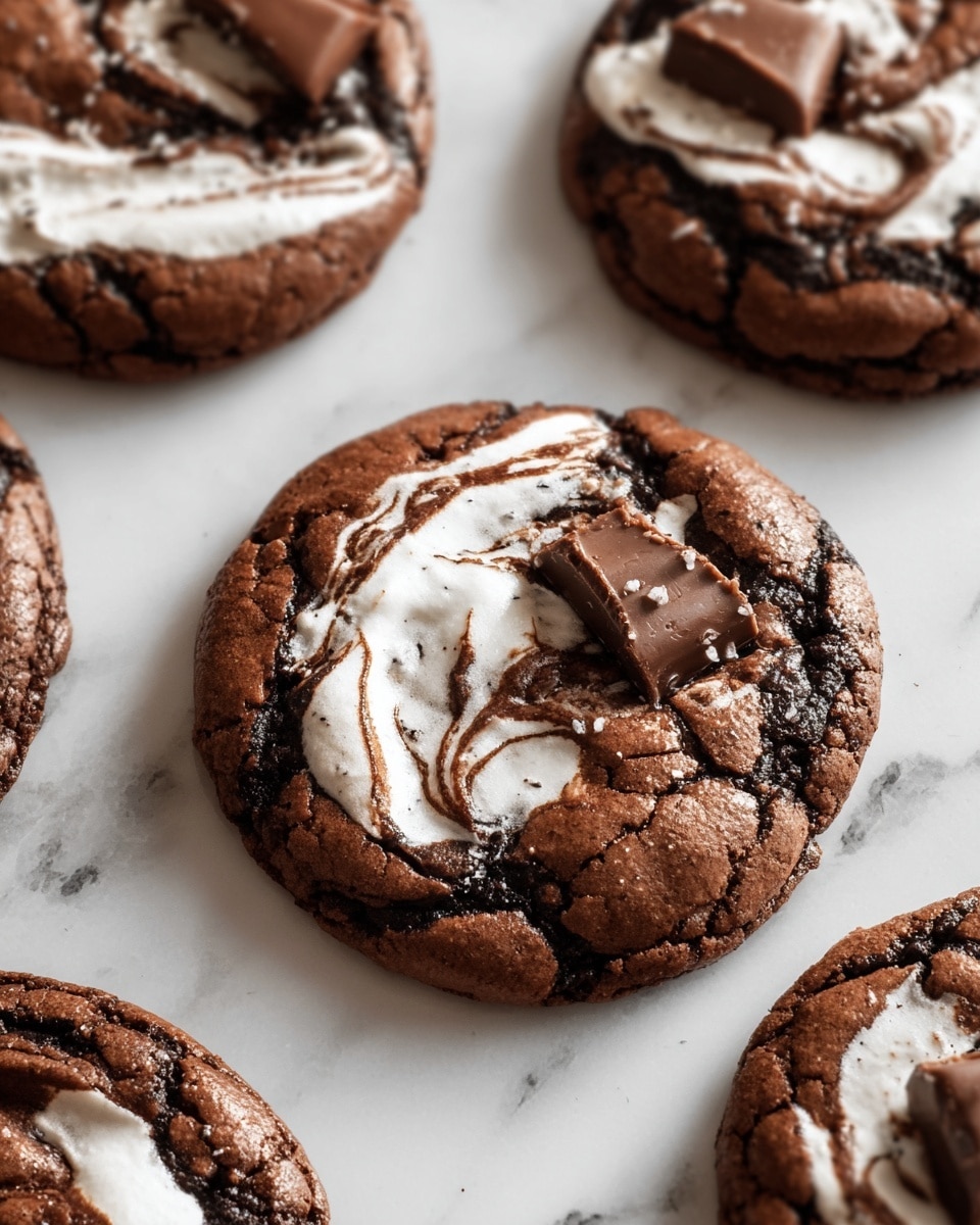 The image shows several round chocolate cookies on a white marbled surface. Each cookie has a cracked dark brown top layer with a glossy, slightly gooey texture. Swirls of white marshmallow cream are spread unevenly on the surface, mixing into the chocolate. Pieces of melted milk chocolate sit on top and near the cookies, adding contrast. The cookies are arranged loosely, with some in clear focus and others blurred in the background. photo taken with an iphone --ar 4:5 --v 7