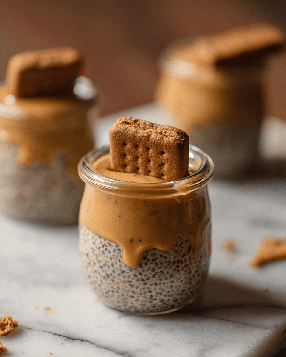 The image shows a small glass jar filled with three layers of food. The bottom layer is a thick mix of oats and chia seeds in a light brown color with small dark seeds visible. The middle layer is a smooth, creamy caramel-colored spread that covers the oats. On top of the caramel layer, a rectangular brown biscuit is placed standing upright, slightly sinking into the creamy layer. The jar is placed on a white marbled surface with a few cookie crumbs around it, and two similar jars are blurred in the background. Photo taken with an iphone --ar 4:5 --v 7