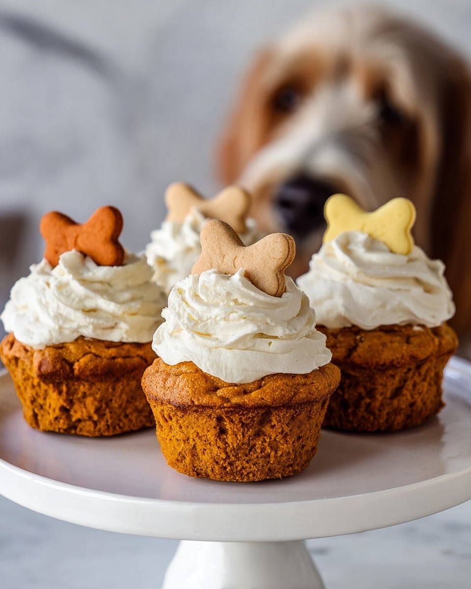 The image shows four brownish-orange cupcakes with a textured, slightly rough surface, each topped with a swirl of white creamy frosting resembling soft peaks. Each cupcake has a small bone-shaped biscuit stuck gently on top of the frosting, with the biscuits varying in color: one is light tan, two are orange, and one is yellow. The cupcakes are placed on a white stand with a smooth, shiny surface. The background is a white marbled texture with a softly blurred out dog in the back, focusing attention on the cupcakes. photo taken with an iphone --ar 4:5 --v 7