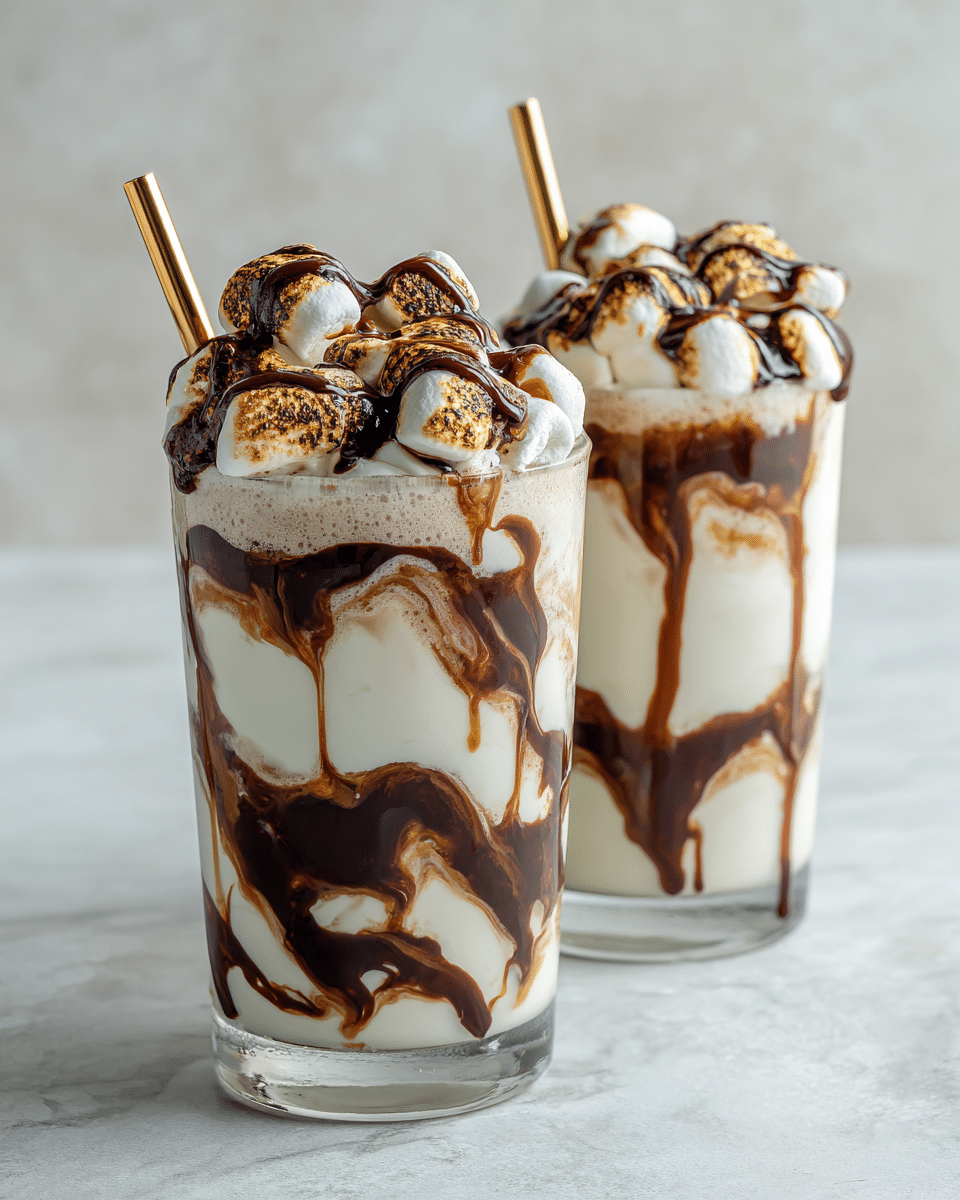 Two clear glasses filled with a creamy white milkshake base, swirled inside with dark brown chocolate syrup creating thick, wavy lines across the sides. On top of the milkshake, there are soft white marshmallows covered in drizzled chocolate syrup, adding a glossy texture. Each glass has a shiny gold straw inserted, angled slightly outward. The glasses are placed on a white marbled textured surface, with a soft shadow casting below them. Photo taken with an iphone --ar 4:5 --v 7