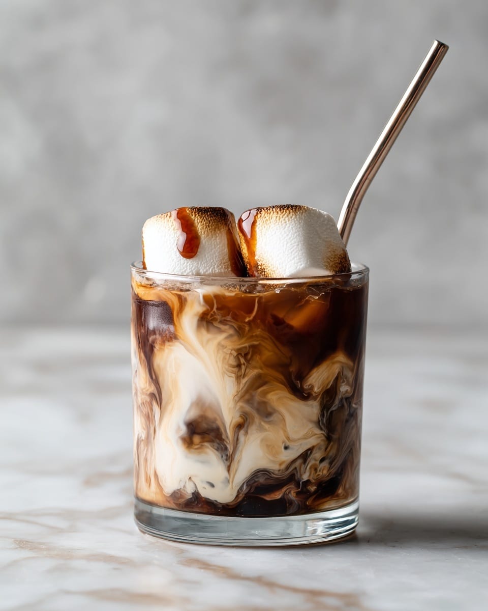 A clear glass filled with a layered drink showing swirls of dark brown coffee or chocolate mixing with creamy white milk, creating a marbled effect inside the glass. On top, there are two large white marshmallows with smooth, slightly toasted surfaces, drizzled with a glossy dark caramel or chocolate sauce. A shiny metal straw is inserted into the glass, standing upright. The drink is set on a white marbled surface, enhancing the contrast of the drink’s rich colors. photo taken with an iphone --ar 4:5 --v 7