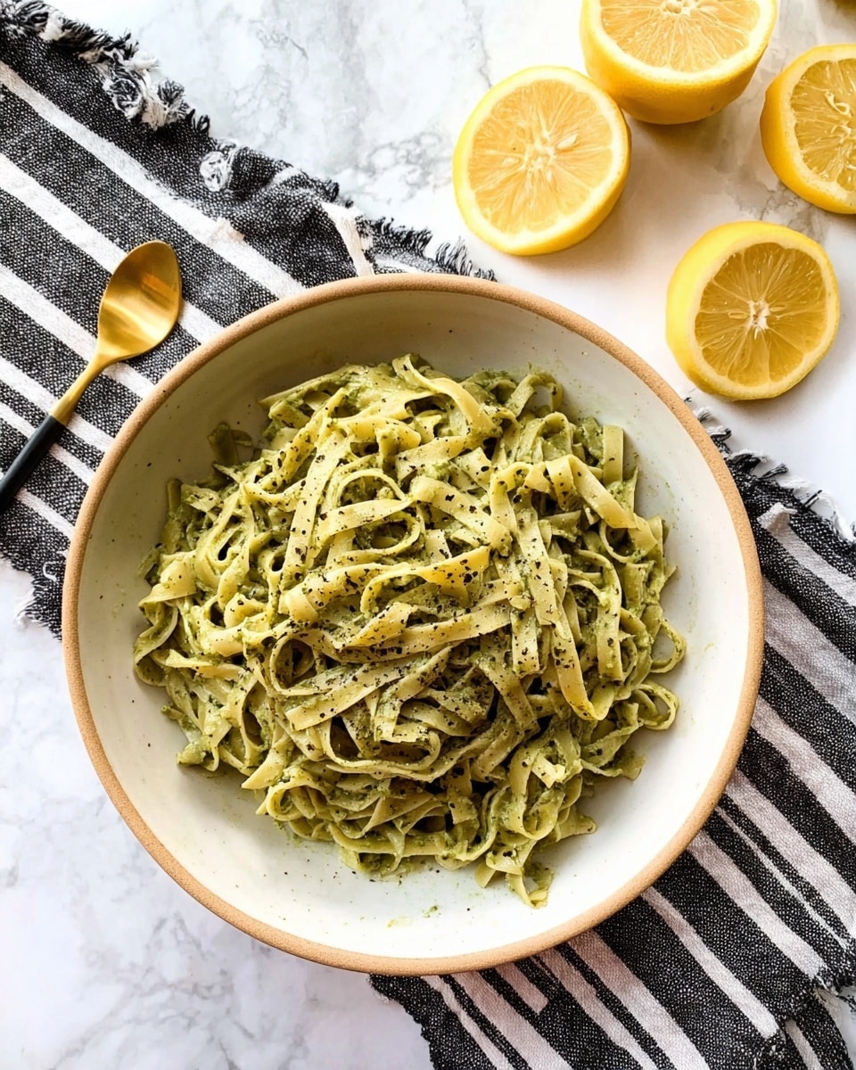A large white bowl with a light beige rim holds one layer of flat pasta noodles mixed with green pesto sauce that gives the noodles a slightly speckled texture. The bowl sits on a black and white striped cloth, and around it are several lemon halves and wedges showing bright yellow flesh with seeds visible. The scene is set on a white marbled surface. photo taken with an iphone --ar 4:5 --v 7