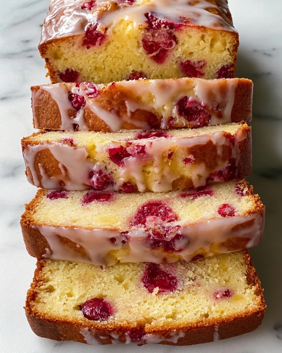 The image shows a sliced loaf cake with five visible layers stacked closely on a white marbled surface. Each slice reveals a soft yellow cake base speckled with bright red raspberries distributed unevenly throughout. A shiny, slightly translucent white glaze drips lightly over the top and edges of each slice, adding a glossy texture. The crust is a golden brown, contrasting with the moist interior, and the raspberries add vibrant pops of red color within the light yellow crumb. photo taken with an iphone --ar 4:5 --v 7