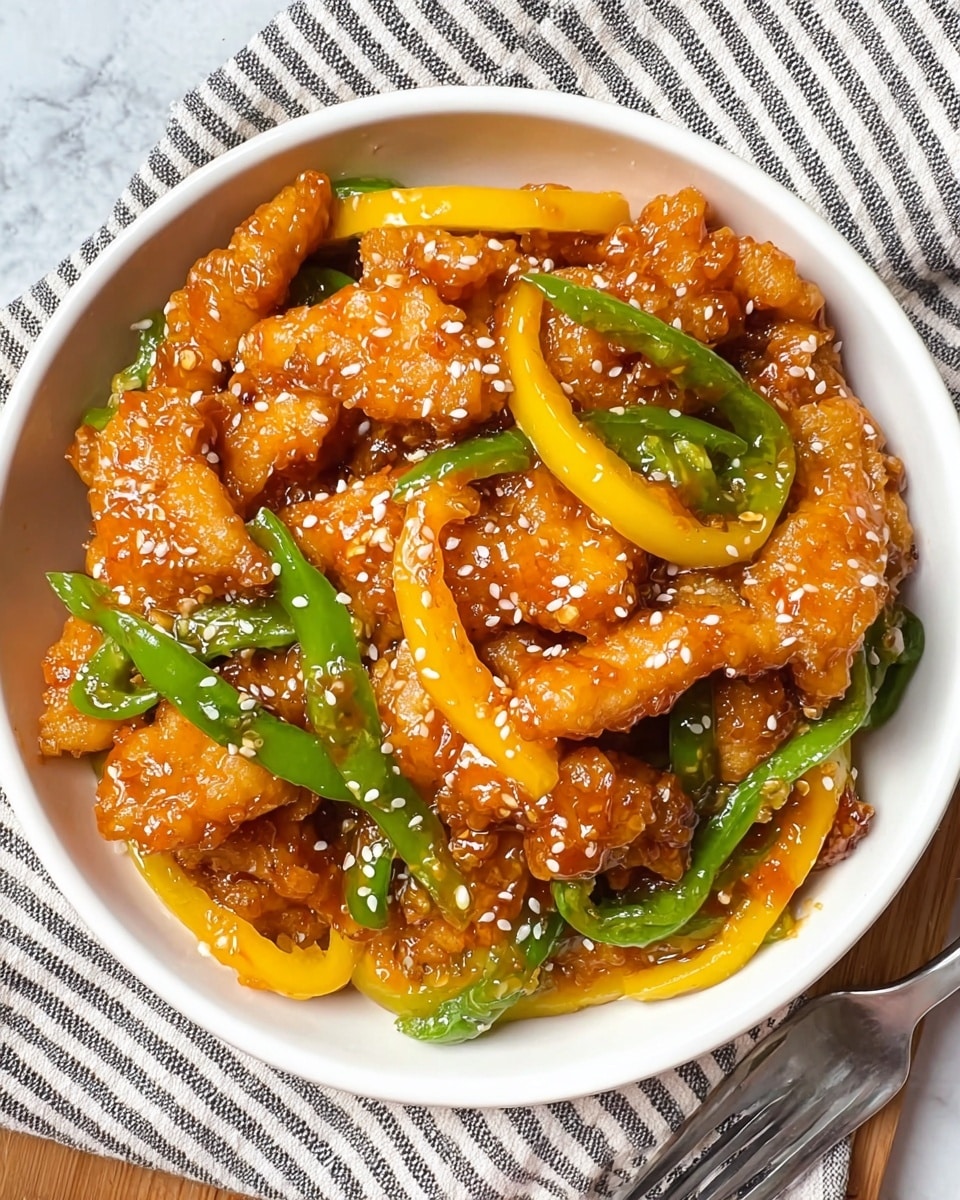A white bowl filled with crispy golden brown fried chicken pieces coated in a shiny, sticky orange sauce sits on a white marbled surface. Mixed in are bright yellow bell pepper strips and glossy green chili peppers scattered throughout. White sesame seeds are sprinkled on top, adding small pops of white color against the warm tones. The bowl rests on a striped cloth napkin with a fork placed nearby. Photo taken with an iphone --ar 4:5 --v 7