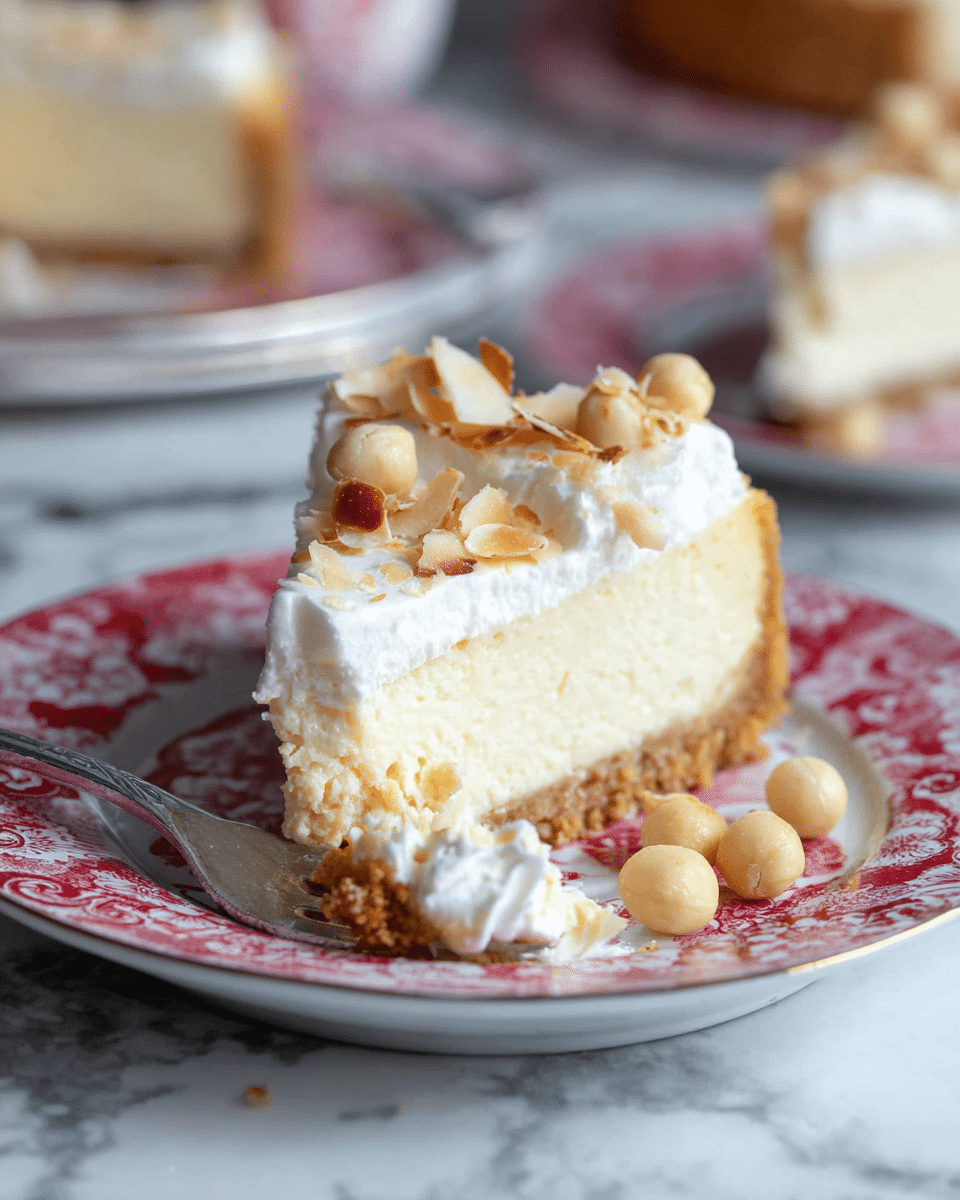 A slice of cheesecake on a white plate with a red floral pattern, showing three layers: a crumbly golden brown crust at the bottom, a thick pale creamy yellow cheesecake layer in the middle, and a fluffy white topping with toasted almond slices scattered on top. Next to the cheesecake slice are a few whole macadamia nuts, light tan in color. A fork with a bite of cheesecake and nut pieces rests on the plate in the foreground. The background has blurry dishes but appears on a white marbled texture. photo taken with an iphone --ar 4:5 --v 7