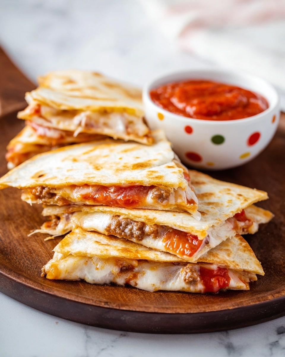 This image shows four triangular slices of quesadilla stacked on a dark wooden plate. Each slice has two light golden-brown tortilla layers filled with a mix of melted white cheese, red tomato slices, and crumbled brown cooked ground meat. Next to the quesadilla slices, a small white bowl with colorful dots holds a thick, smooth red sauce. The setting is on a white marbled surface with a soft, out-of-focus background. Photo taken with an iphone --ar 4:5 --v 7