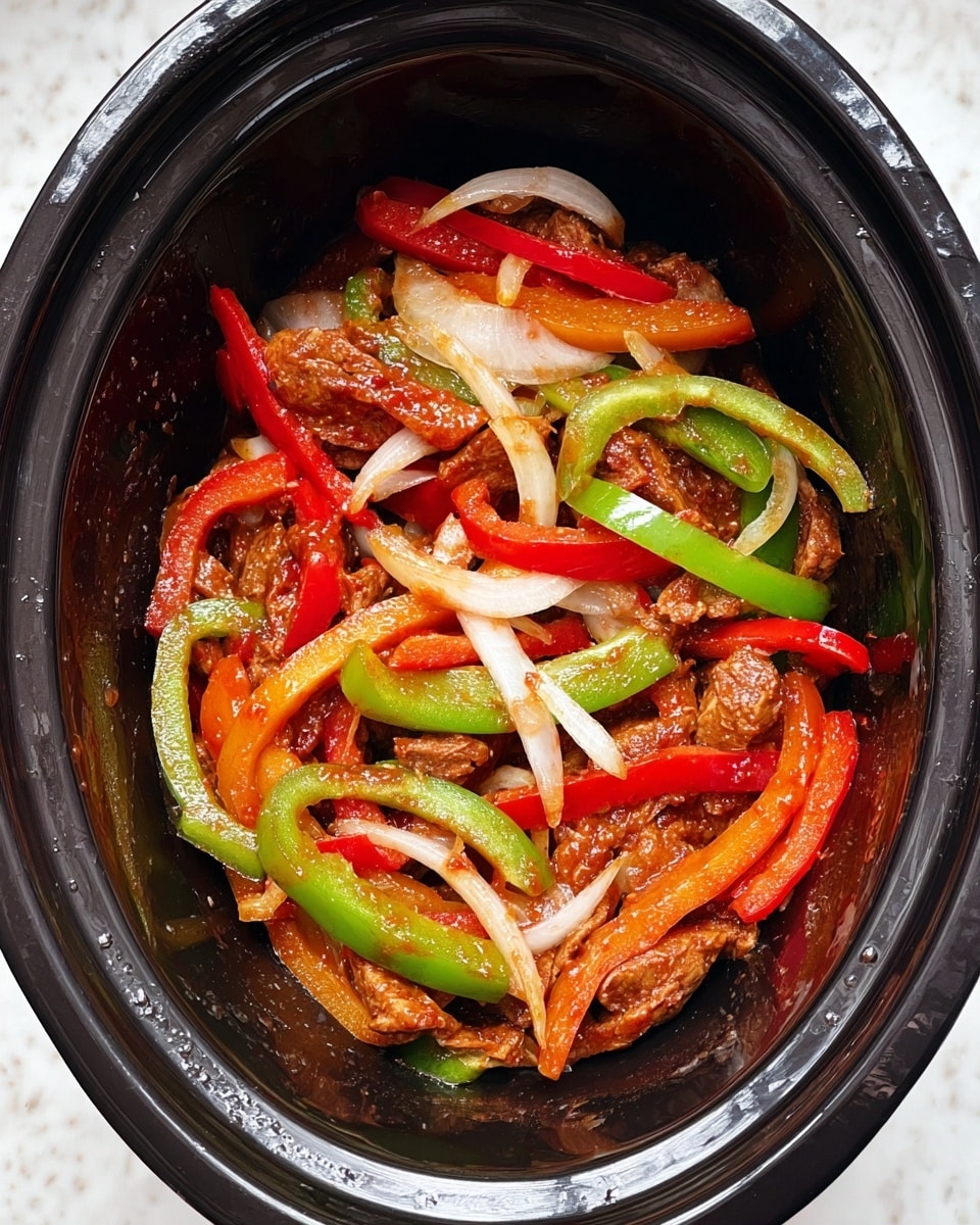 Inside a black slow cooker, there is a colorful mix of sliced ingredients. The dish has several layers starting with cooked chicken pieces that are brown and textured, resting at the bottom and middle. On top and mixed throughout are long strips of red, green, and orange bell peppers, each with a smooth, slightly glossy surface. Interspersed with the peppers are thin white onion slices that look slightly soft and curved. All the ingredients have a light coating of red sauce that adds a shiny, slightly wet texture. The cooker sits on a white marbled texture surface. photo taken with an iphone --ar 4:5 --v 7